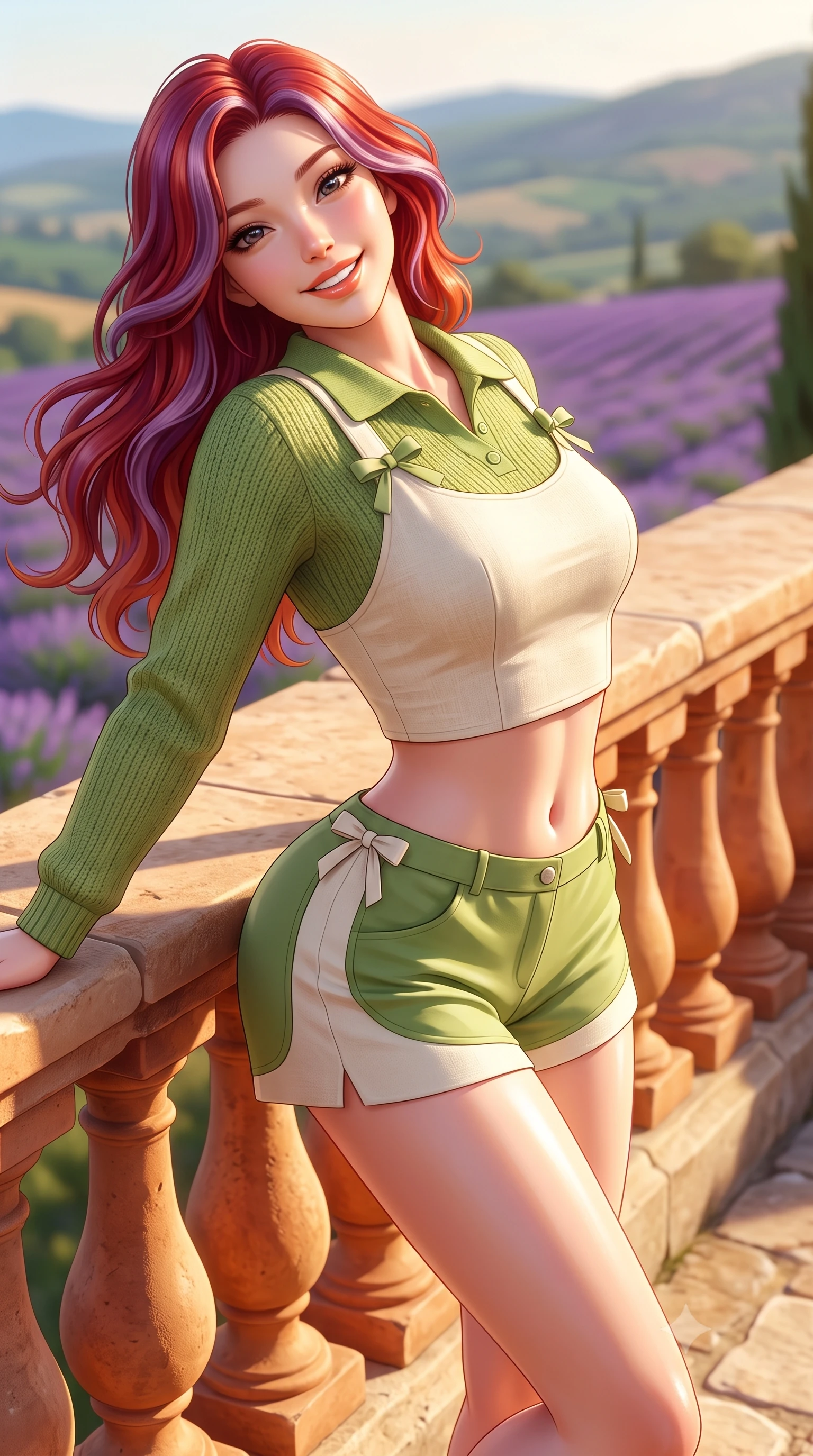 score_9, masterpiece, best quality, ultra-detailed, high-budget anime keyframe, semi-realistic 3D game render, editorial fashion photography, tasteful artistic composition, Caucasian woman. close-up cowboy shot from the waist and thighs up, the character dominates the composition, filling the frame with her large presence. leaning back against the sunlit railing with relaxed seductive grace, her flat midriff and narrow waist highlighted as she smiles brightly with bewitching eyes while standing on the rustic limestone patio overlooking rolling purple lavender hills, arching her back with a radiant, carefree smile. The surrounding environment is rendered in vivid detail and crisp panoramic clarity. detailed linen sundress weave, warm sun specular highlights on skin, and Provence valley clarity in high resolution. She has an exceptionally elegant, slender, and willowy female figure with an ultra-slim waist, flat toned midriff, narrow ribcage, and sculpted feminine hips creating an alluring, slim hourglass silhouette without bulk. sharp v-shaped jawline, high-bridge nose, intricate jewel-like sparkling eyes with depth, thick eyelashes, glossy parted lips with a natural peach sheen, bright cheerful beaming smile with an enchanting and coquettish sensual glint, exuding both youthful cute charm and seductive allure, flawlessly proportioned anatomical accuracy, strict slender model proportions, natural body alignment, perfectly sculpted long slender limbs, ultra-slim waistline, clean dynamic posture without body distortion. wearing a cropped knitted polo sweater paired with high-cut tailored tennis shorts hugging her rounded hips in matcha green and warm ivory, tailored from crisp cotton poplin with clean structural lines, finished with cute satin bow ribbons tying at the shoulders, the form-contouring cut accentuating her sculpted flat midriff, narrow delicate ribcage, and gracefully curvy hips with supermodel precision. illuminated by warm terracotta terrace bounce fill sharply sculpting her sculpted collarbones, ultra-slim waist, and curvy hips. highly saturated vibrant anime colors, detailed shading with soft gradients, rich glossy textures, high-contrast stereoscopic depth, volumetric dynamic lighting, master piece, 9:16 ratio