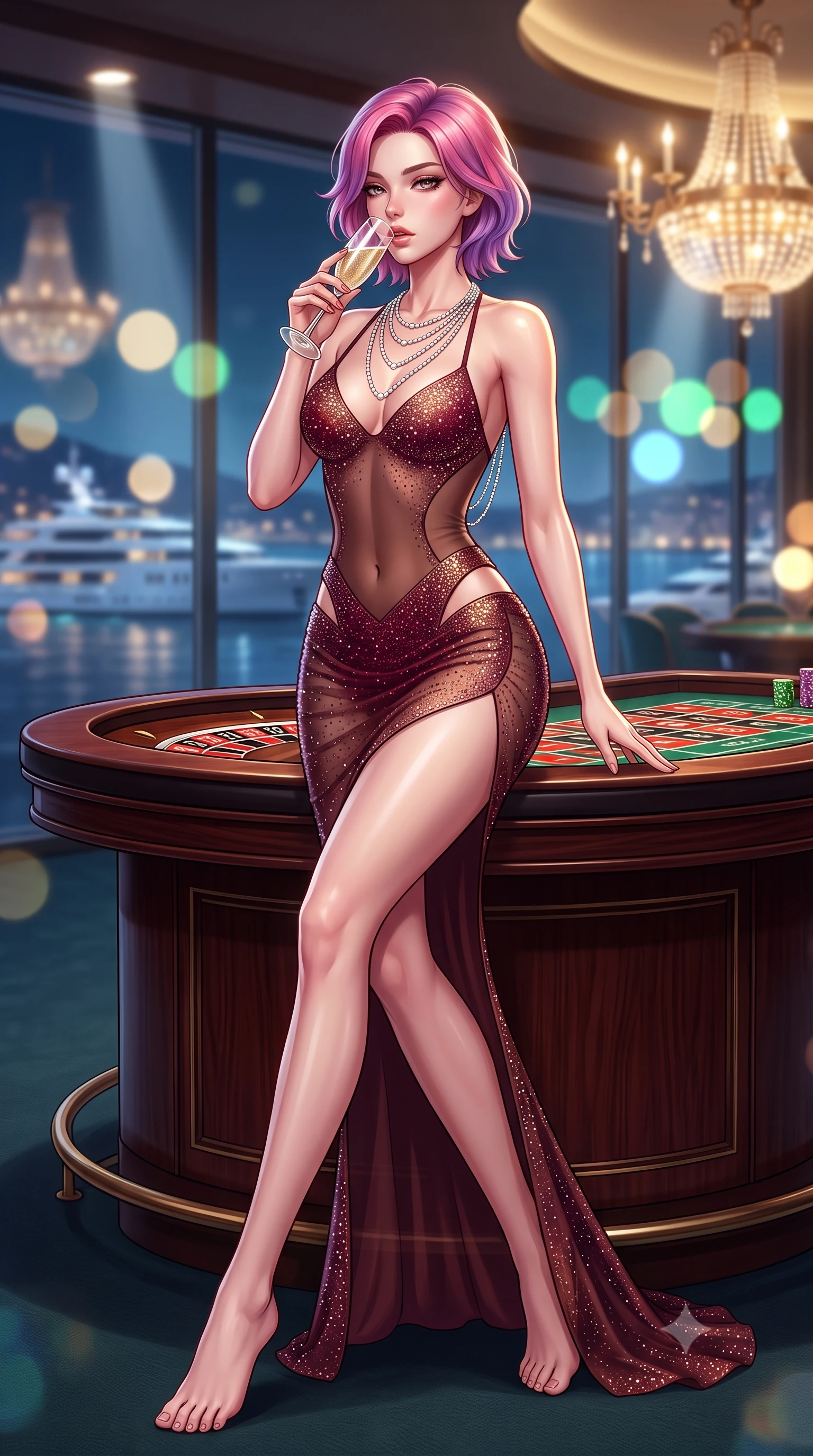 score_9, masterpiece, best quality, ultra-detailed, high-budget anime keyframe, semi-realistic 3D game render, editorial fashion photography, tasteful artistic composition, Caucasian woman. low angle full-body shot from head to toe showing her feet, filling the entire 9:16 vertical frame with her statuesque presence, stretching her vertical silhouette. striding forward in a proud supermodel runway stride, hips swaying in an alluring kinetic rhythm that accentuates her curvy hourglass silhouette while perching on the rim of a luxury mahogany roulette table with legs crossed, arching her lower back while holding a crystal champagne flute to her lips. The composition keeps background elements in soft focus with creamy bokeh. glittering Monaco harbor superyacht lights and casino chandeliers blurred into champagne-gold, emerald, and sapphire bokeh. She has an absolutely perfect, statuesque 8.5-heads proportion, an exceptionally tall and slender model-like female figure with impossibly long slender legs, a toned flat midriff, an ultra-slim waist, and beautifully sculpted feminine hips. sharp v-shaped jawline, high-bridge nose, intricate jewel-like eyes with depth, thick eyelashes, glossy parted lips with a natural sheen, intensely captivating and seductive bedroom-eyes expression, flawlessly proportioned anatomical accuracy, strict slender model proportions, natural body alignment, perfectly sculpted long slender limbs, ultra-slim waistline, clean dynamic posture without body distortion. wearing a form-contouring crystal-encrusted evening gown with curved architectural hip cutouts in rich wine burgundy and liquid bronze, made of sheer contouring power-mesh with fine crystal flocking, accented with a multi-strand diamond back necklace cascading down her bare spine to her hips, the form-contouring material adhering flawlessly to her sculpted flat midriff and slender torso, emphasizing her long leg lines and perfectly proportioned willowy build. illuminated by crisp directional spotlights sharply defining her narrow waistline, sculpted spine, and curvy hips. highly saturated vibrant anime colors, detailed shading with soft gradients, rich glossy textures, high-contrast stereoscopic depth, volumetric dynamic lighting, master piece, 9:16 ratio