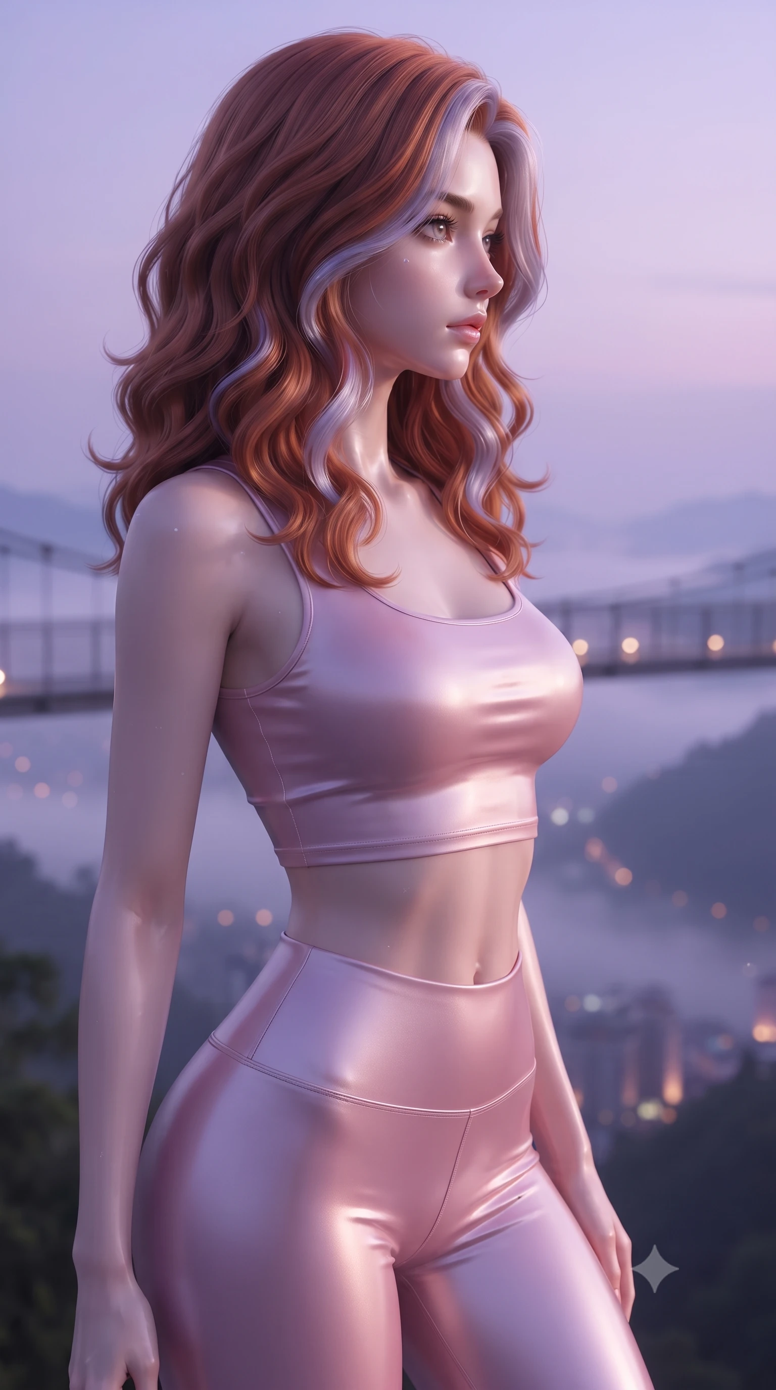 score_9, masterpiece, best quality, ultra-detailed, high-budget anime keyframe, editorial fashion photography, tasteful artistic composition, Caucasian woman. close-up cowboy shot from the waist and thighs up, the character dominates the composition, filling the frame with her large presence, background elements kept in soft focus. turning her face in sharp profile, casting a cold, mysterious, yet intensely alluring side gaze, the background shows a soft-focus a high-rise skywalk bridge overlooking an illuminated fog-draped city valley. She has an exceptionally elegant, slender, and willowy female figure with an ultra-slim waist, a gracefully sculpted slender torso, and a refined silhouette. sharp v-shaped jawline, high-bridge nose, intricate jewel-like eyes with depth, thick eyelashes, glossy lips with a natural sheen. wearing a form-contouring body-hugging light pink crop tank top paired with high-waisted tight-fitting leggings. soft diffused violet atmosphere with crisp silver edge lighting. ultra-reflective glossy finish, specular highlights, metallic sheen, high-contrast stereoscopic depth, volumetric dynamic lighting, 2k, ultra detail, master piece, 9:16 ratio