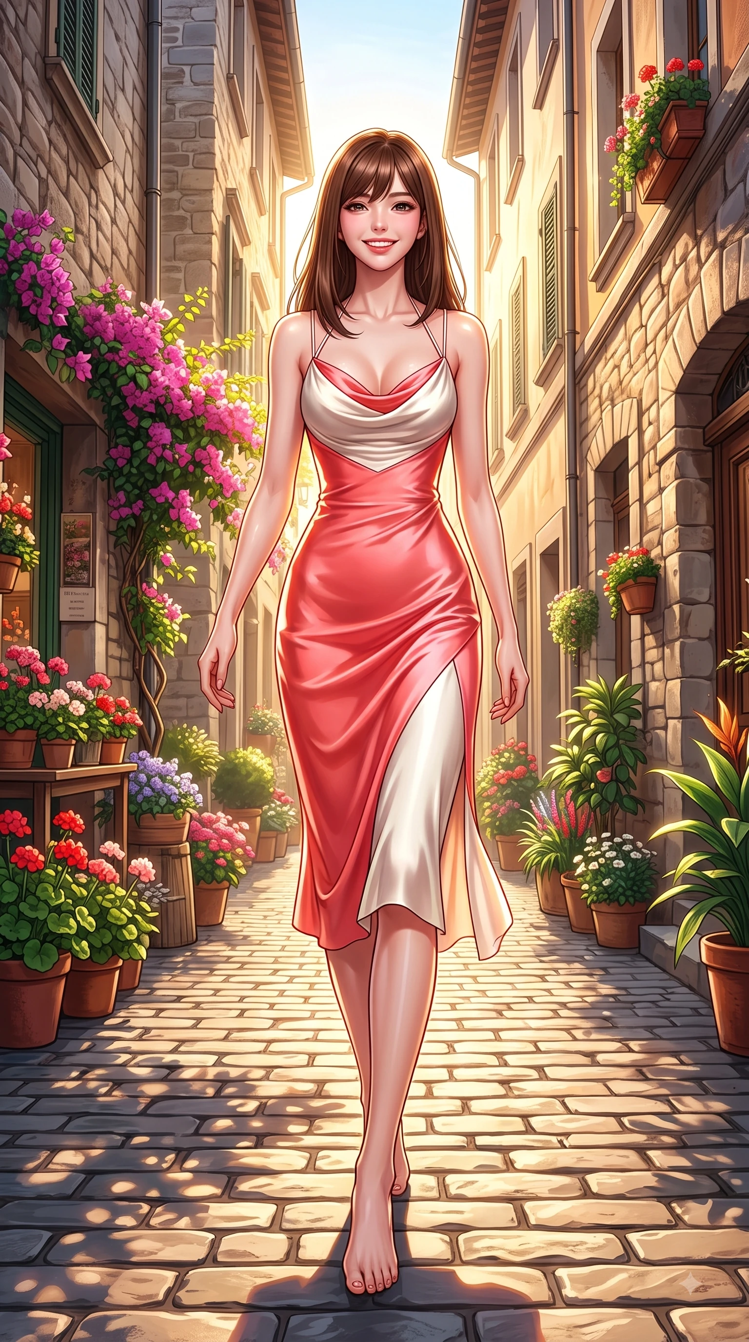 score_9, masterpiece, best quality, ultra-detailed, high-budget anime keyframe, editorial fashion photography, tasteful artistic composition, Korean woman. low angle full-body shot from head to toe showing her feet, filling the entire 9:16 vertical frame with her statuesque presence, stretching her vertical silhouette. walking forward in a proud dynamic stride with a cheerful beaming smile, her vertical silhouette filling the frame while walking dynamically down a sun-drenched European cobblestone alley lined with flower shops. The surrounding environment is rendered in vivid detail and crisp panoramic clarity. rich golden sunlight streaming between European buildings rendered with environmental precision. She has an absolutely perfect, statuesque 8.5-heads proportion, an exceptionally tall and slender model-like female figure with impossibly long slender legs and an ultra-slim waist. sharp v-shaped jawline, high-bridge nose, intricate jewel-like eyes with depth, thick eyelashes, glossy lips with a natural sheen, flawlessly proportioned anatomical accuracy, natural body alignment, perfectly sculpted elegant limbs, clean dynamic posture without body distortion. wearing an elegant cowl-neck silk satin midi dress with a graceful draped neckline in vibrant coral pink and pure ivory, made of lustrous stretch velvet, finished with delicate criss-cross back straps highlighting her bare shoulders, the elegant draped fit framing her graceful clavicle and slender torso. illuminated by clear sky refractions and vibrant specular highlights. highly saturated vibrant anime colors, detailed shading with soft gradients, rich glossy textures, high-contrast stereoscopic depth, volumetric dynamic lighting, master piece, 9:16 ratio