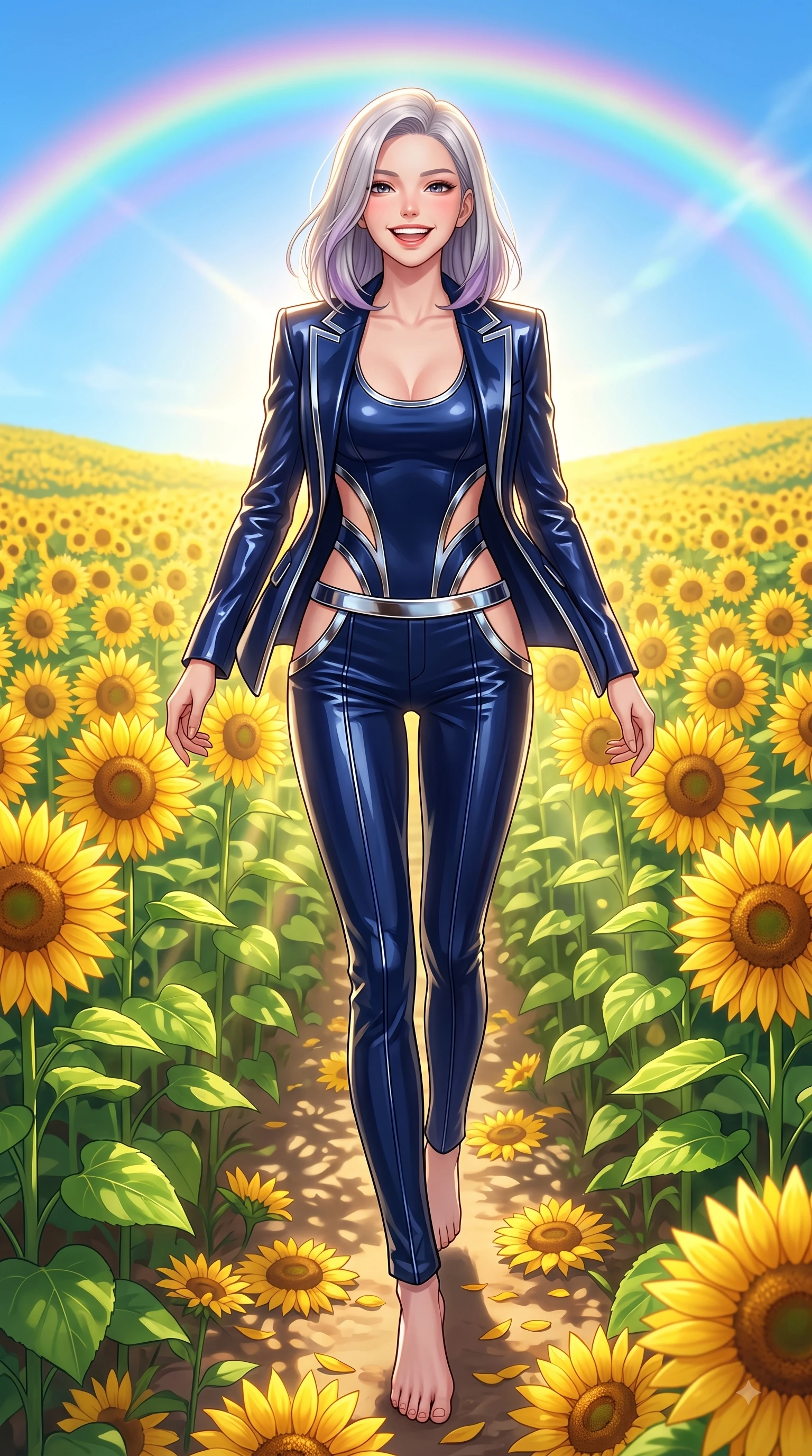 score_9, masterpiece, best quality, ultra-detailed, high-budget anime keyframe, editorial fashion photography, tasteful artistic composition, Caucasian woman. low angle full-body shot from head to toe showing her feet, filling the entire 9:16 vertical frame with her statuesque presence, stretching her vertical silhouette. stepping forward in a proud dynamic stride with a cheerful beaming smile, her vertical silhouette filling the frame while leaping with pure joy across a endless field of blooming golden sunflowers under a rainbow sky, bright green leaves and golden petals casting cheerful organic stencil shadows. She has an absolutely perfect, statuesque 8.5-heads proportion, an exceptionally tall and slender model-like female figure with impossibly long slender legs and an ultra-slim waist. sharp v-shaped jawline, high-bridge nose, intricate jewel-like eyes with depth, thick eyelashes, glossy lips with a natural sheen, flawlessly proportioned anatomical accuracy, natural body alignment, perfectly sculpted elegant limbs, clean dynamic posture without body distortion. wearing a tailored silk blazer over a form-contouring scoop-neck top and slacks in midnight navy blue and chrome trim, tailored from high-gloss patent leather, featuring clean architectural cutouts along her slender torso, the elegant draped fit framing her graceful clavicle and slender torso. surrounded by a vibrant, uplifting atmosphere filled with golden radiance. highly saturated vibrant anime colors, detailed shading with soft gradients, rich glossy textures, high-contrast stereoscopic depth, volumetric dynamic lighting, master piece, 9:16 ratio