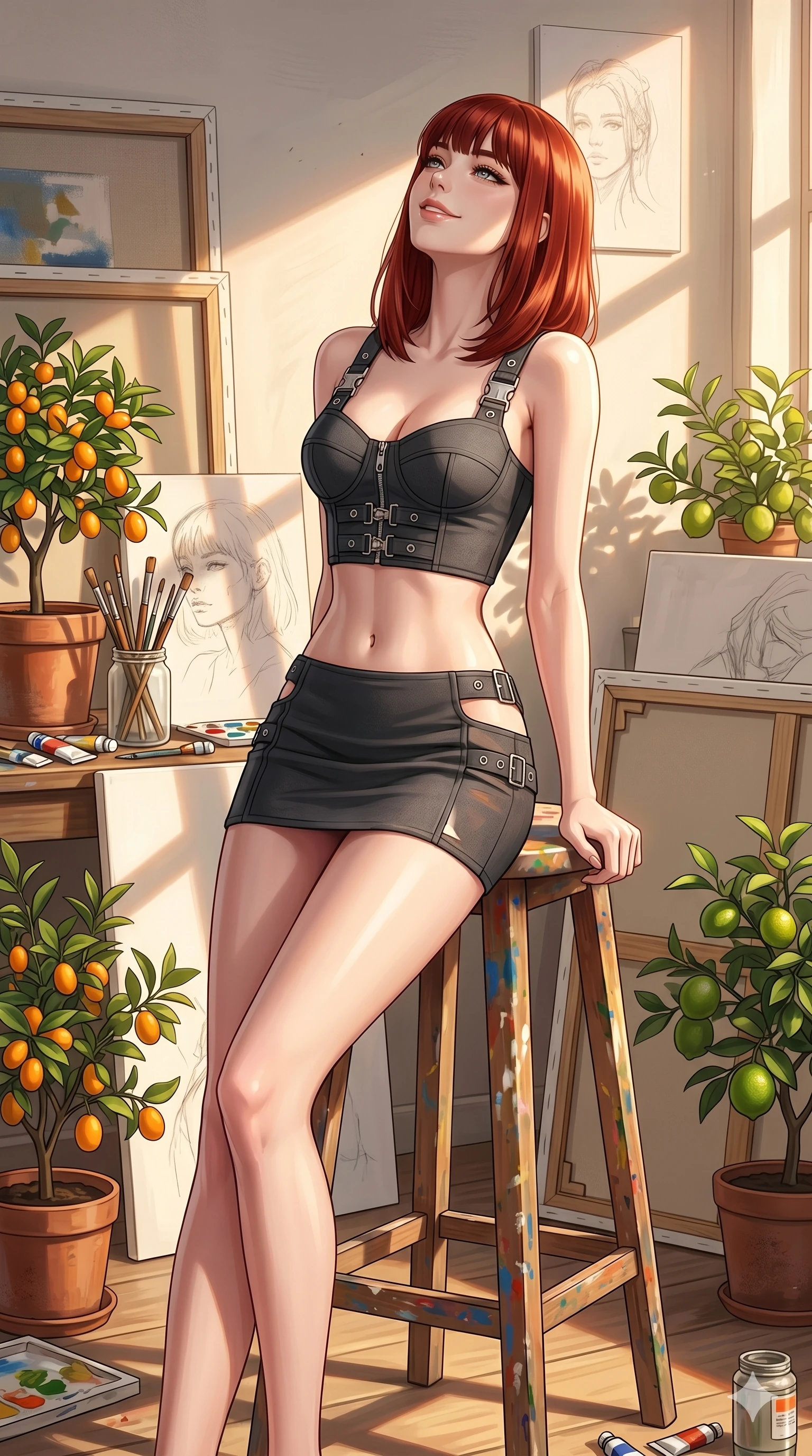 score_9, masterpiece, best quality, ultra-detailed, high-budget anime keyframe, editorial fashion photography, tasteful artistic composition, Caucasian woman, strictly human ears. cowboy shot from the thighs up, character and outfit filling the frame for maximum editorial presence. leaning back gracefully with a serene, relaxed smile, letting the warm sun wash over her face in a quiet sun-washed art atelier filled with canvases and potted citrus plants (Code-P070). She has an absolutely perfect 8-heads proportion, an exceptionally tall and slender female figure with impossibly long slender legs and an ultra-slim waist. V-shaped jawline, high-bridge nose, intricate jewel-like eyes with depth, thick eyelashes, glossy lips with a natural sheen. wearing a structured crop bustier with chrome hardware and a matching micro-length skirt with side cuts. bathed in warm afternoon sunbeams casting long, soft shadows and highlighting her slender waist. 2k, ultra detail, master piece, 9:16 ratio