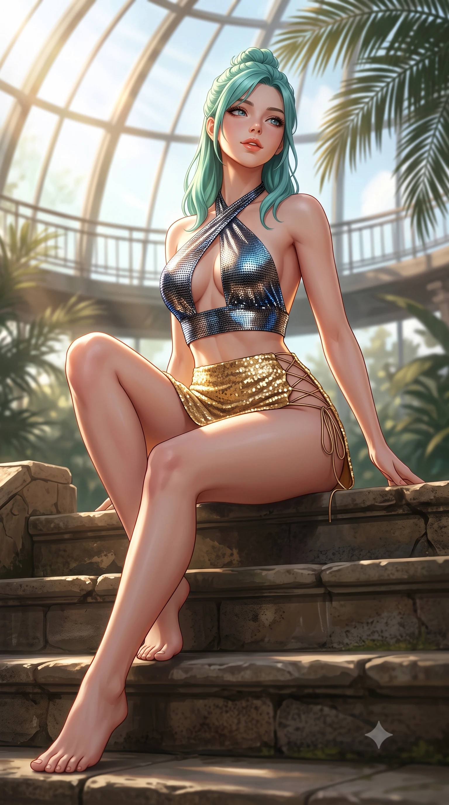 score_9, masterpiece, best quality, ultra-detailed, high-budget anime keyframe, semi-realistic 3D game render, editorial fashion photography, tasteful artistic composition, Japanese woman. low angle full-body shot from head to toe showing her feet, filling the entire 9:16 vertical frame with her statuesque presence, stretching her vertical silhouette. sitting poised on the stone steps with one knee bent, arching her spine with supermodel elegance as she glances upward through thick eyelashes while twisting her slender torso in an alluring contrapposto stance, morning sunlight streaming through curved glass panes onto her flat midriff and hips. The background shows a soft-focus aerial catwalk railings softened in romantic botanical garden shallow focus. She has an absolutely perfect, statuesque 8.5-heads proportion, an exceptionally tall and slender model-like female figure with impossibly long slender legs, an ultra-slim waist, a flat toned midriff, narrow delicate ribcage, and beautifully sculpted feminine hips creating a graceful, slim hourglass silhouette without any bulky heaviness. sharp v-shaped jawline, high-bridge nose, sparkling eyes with hypnotic seductive depth, thick curled eyelashes, glossy parted lips with a natural dewy peach sheen, alluring bedroom-eyes with an enchanting coquettish smile, exuding magnetic siren charisma and sophisticated glamour, flawlessly proportioned anatomical accuracy, strict slender model proportions, natural body alignment, perfectly sculpted long slender limbs, ultra-slim waistline, clean dynamic posture without body distortion. wearing a high-waisted gold sequin wrap mini skirt paired with a plunging criss-cross halter sports top in molten liquid platinum and midnight charcoal with sapphire reflections, crafted from shimmering fluid chainmail mesh reflecting ambient casino lights, featuring fine criss-cross lace-up side ties revealing tantalizing glimpses of her hip curve, the form-contouring silhouette accentuating her sculpted flat midriff, narrow delicate ribcage, and gracefully curvy hips with intoxicating allure. illuminated by palm frond dappled shadows and sharp warm-gold rim lights sculpting her razor-sharp jawline, narrow waist, and curvy hips. highly saturated vibrant anime colors, detailed shading with soft gradients, rich glossy textures, high-contrast stereoscopic depth, volumetric dynamic lighting, master piece, 9:16 ratio