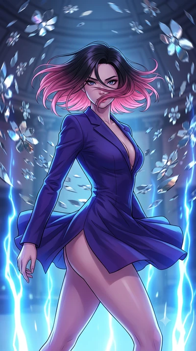 score_9, masterpiece, best quality, ultra-detailed, high-budget anime keyframe, clean line-art, cel-shading, Korean woman. close-up cowboy shot from the waist and thighs up, the character dominates the composition, filling the frame with her large pr