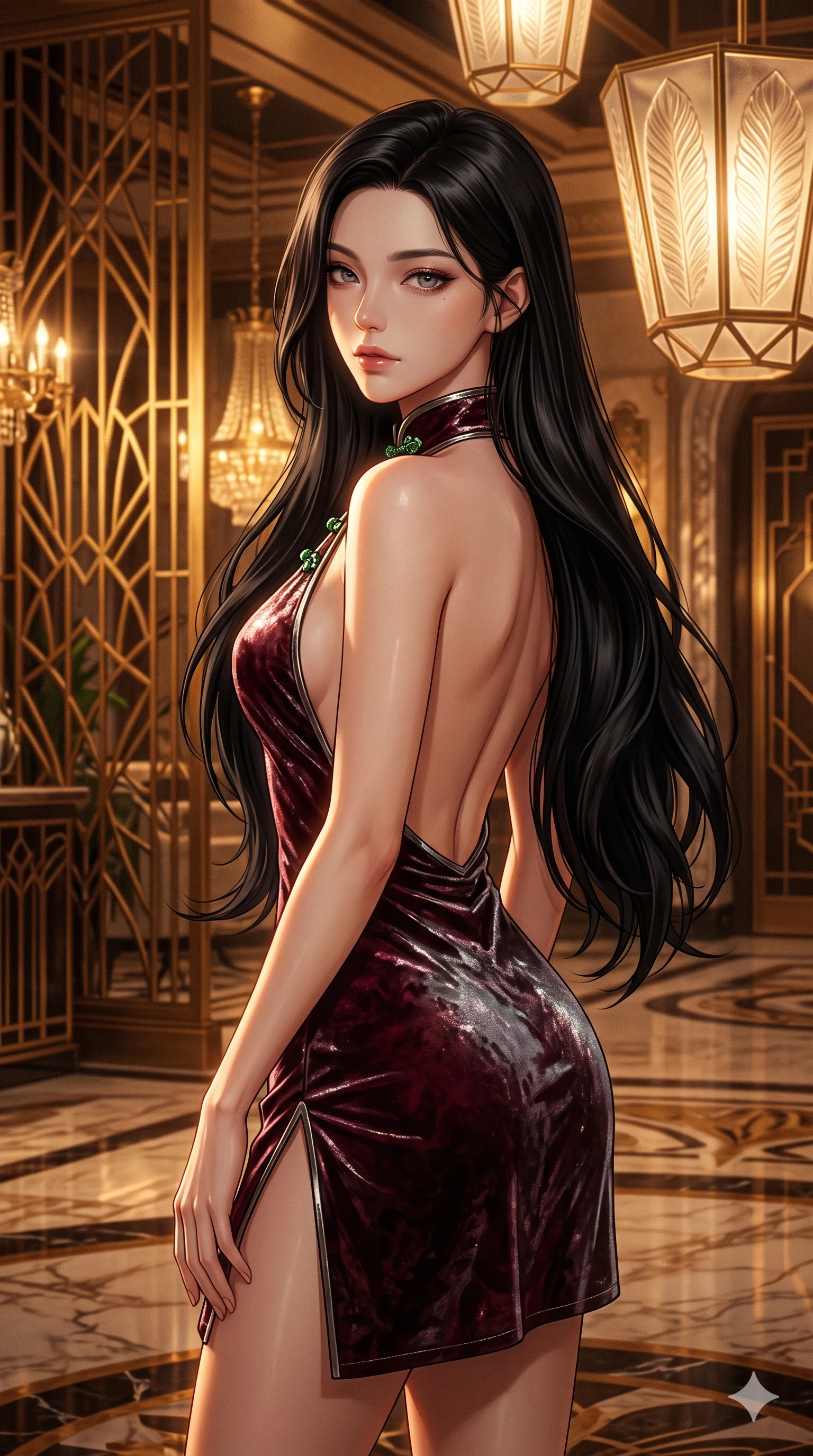score_9, masterpiece, best quality, ultra-detailed, high-budget anime keyframe, semi-realistic 3D game render, editorial fashion photography, tasteful artistic composition, Korean woman. close-up cowboy shot from the waist and thighs up, the character dominates the composition, filling the frame with her large presence. posing in an alluring rear three-quarter angle, looking over a bare shoulder with parted glossy lips, her hips cocked back to highlight her slim hourglass curve while twisting her slender torso in an alluring contrapposto stance, intricate brass shadow patterns and golden chandeliers tracing her narrow waist and curvy hips. The surrounding environment is rendered in vivid detail and crisp panoramic clarity: sharp carved Lalique glass feather motifs, crisp brass inlay geometric lines, and polished marble floor vein patterns in deep focus. She has an exceptionally elegant, slender, and willowy female figure with an ultra-slim waist, flat toned midriff, narrow ribcage, and sculpted feminine hips creating an alluring, slim hourglass silhouette without bulk. sharp v-shaped jawline, high-bridge nose, intricate jewel-like sparkling eyes with depth, thick eyelashes, glossy parted lips with a natural sheen, intensely captivating and seductive bedroom-eyes expression, exuding both youthful cute charm and sovereign luxury allure, flawlessly proportioned anatomical accuracy, strict slender model proportions, natural body alignment, perfectly sculpted long slender limbs, ultra-slim waistline, clean dynamic posture without body distortion. wearing a backless crushed velvet mini dress with a deep plunging neckline and hip-high thigh slit in deep wine burgundy and brushed dark platinum, crafted from stretch micro-mesh with liquid foil coating that shimmers with every movement, finished with sleek jade frog closures glinting along her high collar, the high-slit wrap tailoring accentuating her ultra-slim waistline and the enchanting curve of her feminine hips with alluring seductive charm. bathed in the majestic, warm 2600K amber glow of geometric Lalique glass fixtures filtering through brass lattices. highly saturated vibrant anime colors, detailed shading with soft gradients, rich glossy textures, high-contrast stereoscopic depth, volumetric dynamic lighting, master piece, 9:16 ratio