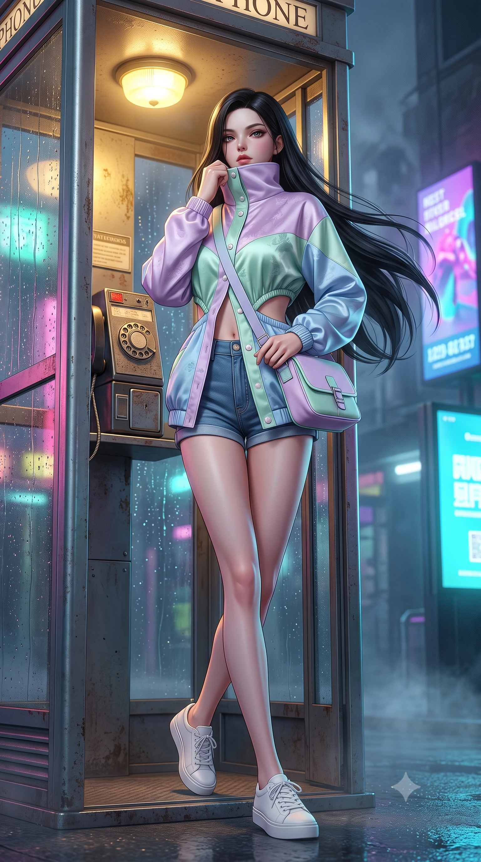 score_9, masterpiece, best quality, ultra-detailed, high-budget anime keyframe, semi-realistic 3D game render, editorial fashion photography, tasteful artistic composition, Korean woman. low angle full-body shot from head to toe showing her feet, filling the entire 9:16 vertical frame with her statuesque presence, stretching her vertical silhouette. executing an elegant mid-motion spin with effortless grace, her garments fluttering softly around her ultra-slim waistline while stepping out of the retro phone booth into the misty night street, pulling her trench coat collar up with effortless cool. The surrounding environment is rendered in vivid detail and crisp panoramic clarity. crisp water droplet tracks on glass, rotary dial telephone textures, and weathered metal booth frames in deep focus. She has an absolutely perfect, statuesque 8.5-heads proportion, an exceptionally tall and slender model-like female figure with impossibly long slender legs, a toned flat midriff, and an ultra-slim waist. sharp v-shaped jawline, high-bridge nose, intricate jewel-like eyes with depth, thick eyelashes, glossy lips with a natural sheen, captivating and magnetic expression, flawlessly proportioned anatomical accuracy, strict slender model proportions, natural body alignment, perfectly sculpted long slender limbs, ultra-slim waistline, clean dynamic posture without body distortion. wearing a retro pastel colorblock windbreaker paired with high-waisted denim shorts and a canvas crossbody bag in pastel lilac and mint green, crafted from liquid-smooth silk satin with subtle floral jacquard, finished with polished mother-of-pearl buttons and tailored flap pockets, the precision-cut daring openings accentuating her delicate midriff, graceful bare collarbones, and ultra-slim feminine waistline. bathed in cozy yellow interior phone booth lamp light contrasting with cool neon street reflections outside. highly saturated vibrant anime colors, detailed shading with soft gradients, rich glossy textures, high-contrast stereoscopic depth, volumetric dynamic lighting, master piece, 9:16 ratio