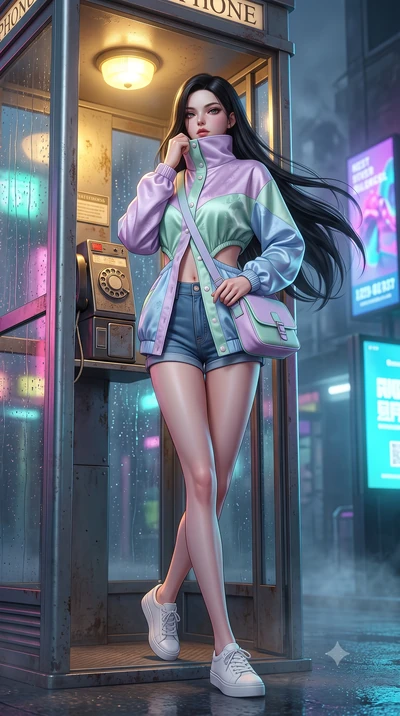 score_9, masterpiece, best quality, ultra-detailed, high-budget anime keyframe, semi-realistic 3D game render, editorial fashion photography, tasteful artistic composition, Korean woman. low angle full-body shot from head to toe showing her feet, fil