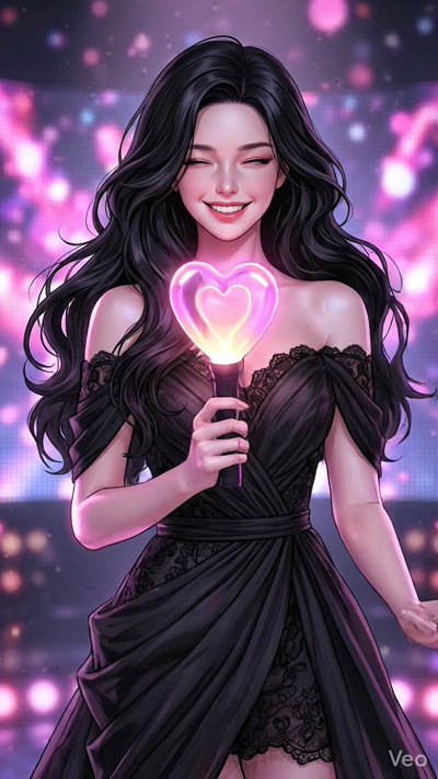 A cinematic 8-second video of an elegant woman with long wavy black hair in a black lace dress, smiling and winking while holding a glowing heart-shaped light stick. The background is a vibrant concert stage with shimmering pink and purple bokeh ligh