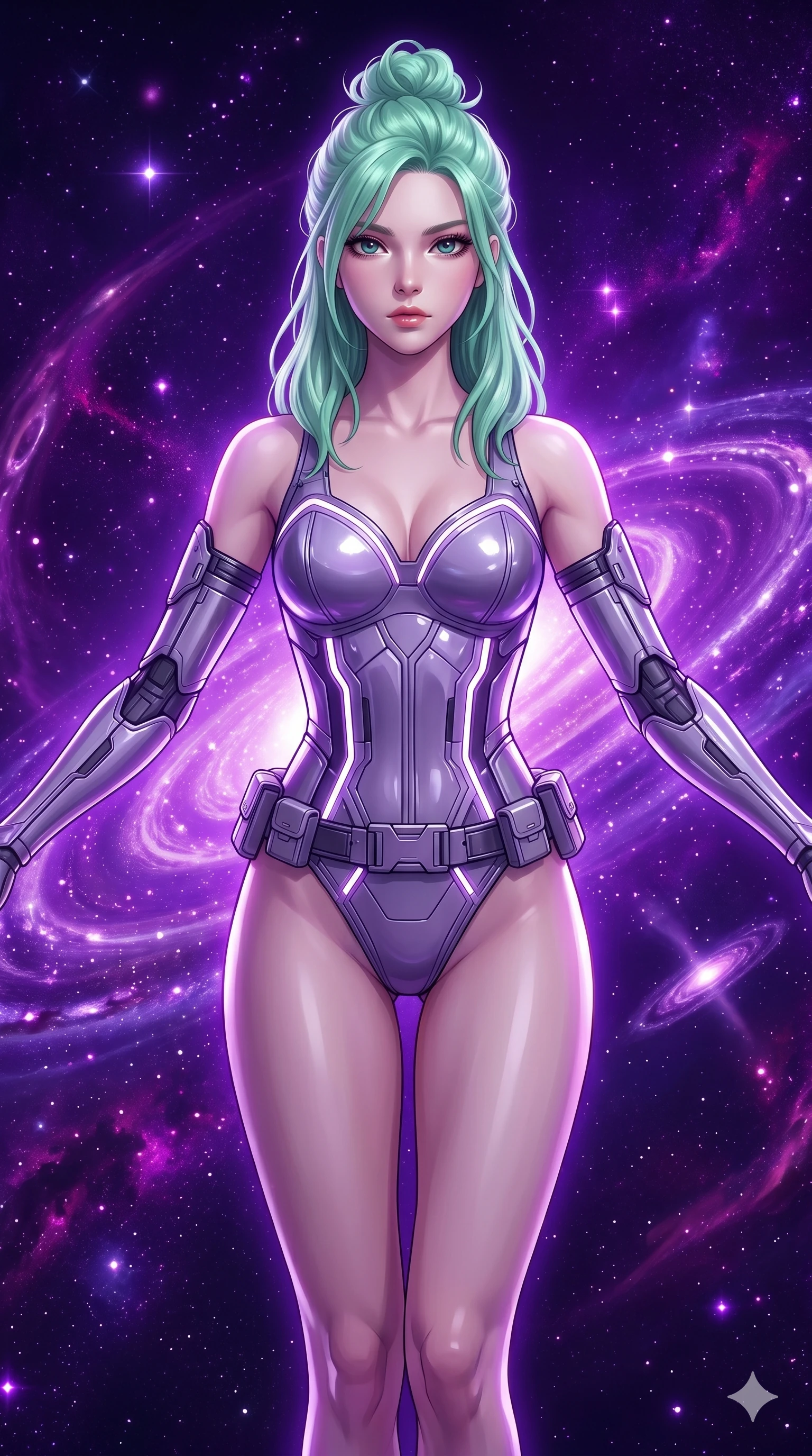 score_9, masterpiece, best quality, ultra-detailed, high-budget anime keyframe, semi-realistic 3D game render, Japanese woman. Upper body close-up from the thighs up, character filling the screen for maximum presence. She is floating weightlessly inside a brilliant violet galaxy, surrounded by swirling cosmic dust rings. She spreads her arms in a graceful flying pose, looking toward the camera. She has an absolutely perfect 8-heads proportion, a tall and elegant figure with a refined silhouette and a defined waistline. V-shaped jawline, high-bridge nose, intricate jewel-like eyes with depth, thick eyelashes, glossy lips with a natural sheen. She is wearing a structured cybernetic bodice in glossy vinyl panels, paired with detached sleeves and a refined V-neckline detailed with glowing piping. The scene is bathed in brilliant purple starlight and a sharp white front key light highlighting her details. 2k, ultra detail, master piece, 9:16 ratio