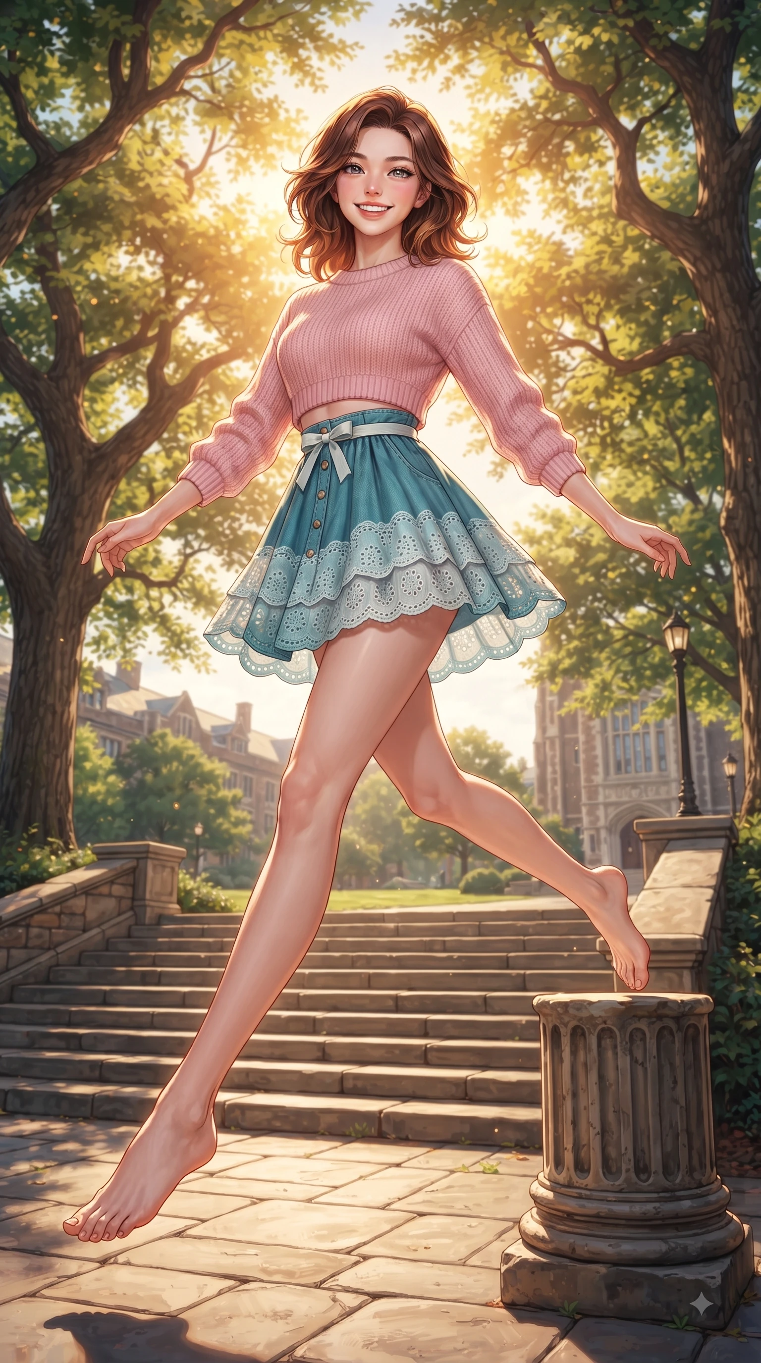 score_9, masterpiece, best quality, ultra-detailed, high-budget anime keyframe, editorial fashion photography, tasteful artistic composition, Korean woman. low angle full-body shot from head to toe showing her feet, filling the entire 9:16 vertical frame with her statuesque presence, stretching her vertical silhouette. leaping with pure youthful energy through the scene with a radiant bright smile, her long slender legs balanced gracefully while leaning against an antique stone column in a sun-drenched university quadrangle with a sweet grin. The surrounding environment is rendered in vivid detail and crisp panoramic clarity. bright spring sunbeams illuminating campus stone steps and oak trees with environmental clarity. She has an absolutely perfect, statuesque 8.5-heads proportion, an exceptionally tall and slender model-like female figure with impossibly long slender legs and an ultra-slim waist. sharp v-shaped jawline, high-bridge nose, intricate jewel-like eyes with depth, thick eyelashes, glossy lips with a natural sheen, flawlessly proportioned anatomical accuracy, natural body alignment, perfectly sculpted elegant limbs, clean dynamic posture without body distortion. wearing a sweet baby-pink cropped knit sweater with a high-waisted denim A-line skirt in ocean turquoise and sea-salt white, woven with delicate eyelet lace and soft cotton, accented with a dainty waist ribbon bow, the relaxed yet flattering fit accentuating her naturally graceful and slender figure. illuminated by warm golden sunbursts and bright clear sky refractions. ultra-reflective glossy finish, specular highlights, metallic sheen, high-contrast stereoscopic depth, volumetric dynamic lighting, 2k, ultra detail, master piece, 9:16 ratio
