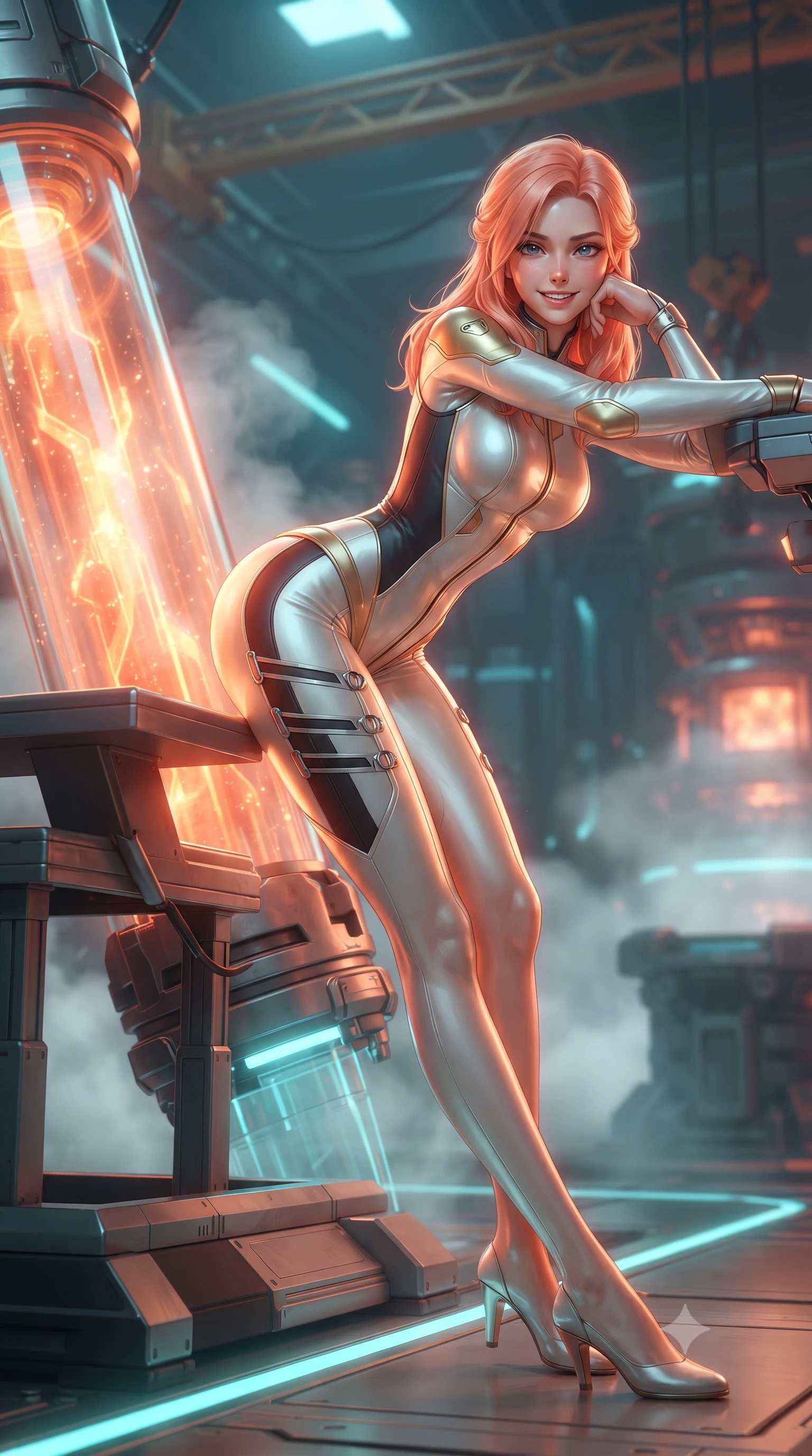 score_9, masterpiece, best quality, ultra-detailed, high-budget anime keyframe, editorial fashion photography, tasteful artistic composition, Japanese woman. low angle full-body shot from head to toe showing her feet, filling the entire 9:16 vertical frame with her statuesque presence, stretching her vertical silhouette. leaning deep against the glowing energy conduit with hips cocked back in an unapologetically alluring high-fashion stance, flashing a warm beaming smile while lounging gracefully on a titanium gantry bench propped on one elbow, her flat midriff and long slender legs glowing in warm fusion flares. The background shows a soft-focus steam venting from coolant pipes and suspended gantry crane rails softened in dramatic sci-fi shallow focus. She has an absolutely perfect, statuesque 8.5-heads proportion, an exceptionally tall and slender model-like female figure with impossibly long slender legs, an ultra-slim waist, a flat toned midriff, narrow delicate ribcage, and beautifully sculpted feminine hips creating a graceful, slim hourglass silhouette without any bulky heaviness. sharp v-shaped jawline, high-bridge nose, intricate jewel-like sparkling eyes with depth, thick eyelashes, glossy parted lips with a natural sheen, bright confident smile with an enchanting and coquettish sensual glint, exuding both youthful magnetic charm and sovereign high-tech allure, flawlessly proportioned anatomical accuracy, strict slender model proportions, natural body alignment, perfectly sculpted long slender limbs, ultra-slim waistline, clean dynamic posture without body distortion. wearing a form-fitting white-and-gold zero-gravity EVA jumpsuit with an ultra-slim corseted waist and exposed clavicle line in liquid chrome silver and pitch black, tailored from brushed aeronautical titanium alloy with matte satin sheen, finished with sharp laser-cut side ventilation slits framed by silver hardware rings, the aerodynamic second-skin silhouette tightly following the natural contour of her hips and long slender legs with youthful 8.5-heads elegance. illuminated by cool cyan emergency floor guides and sharp amber rim lighting sculpting her razor-sharp jawline, narrow waist, and curvy hips. ultra-reflective glossy finish, specular highlights, rich textural contrasts, high-contrast stereoscopic depth, volumetric dynamic lighting, 2k, ultra detail, master piece, 9:16 ratio