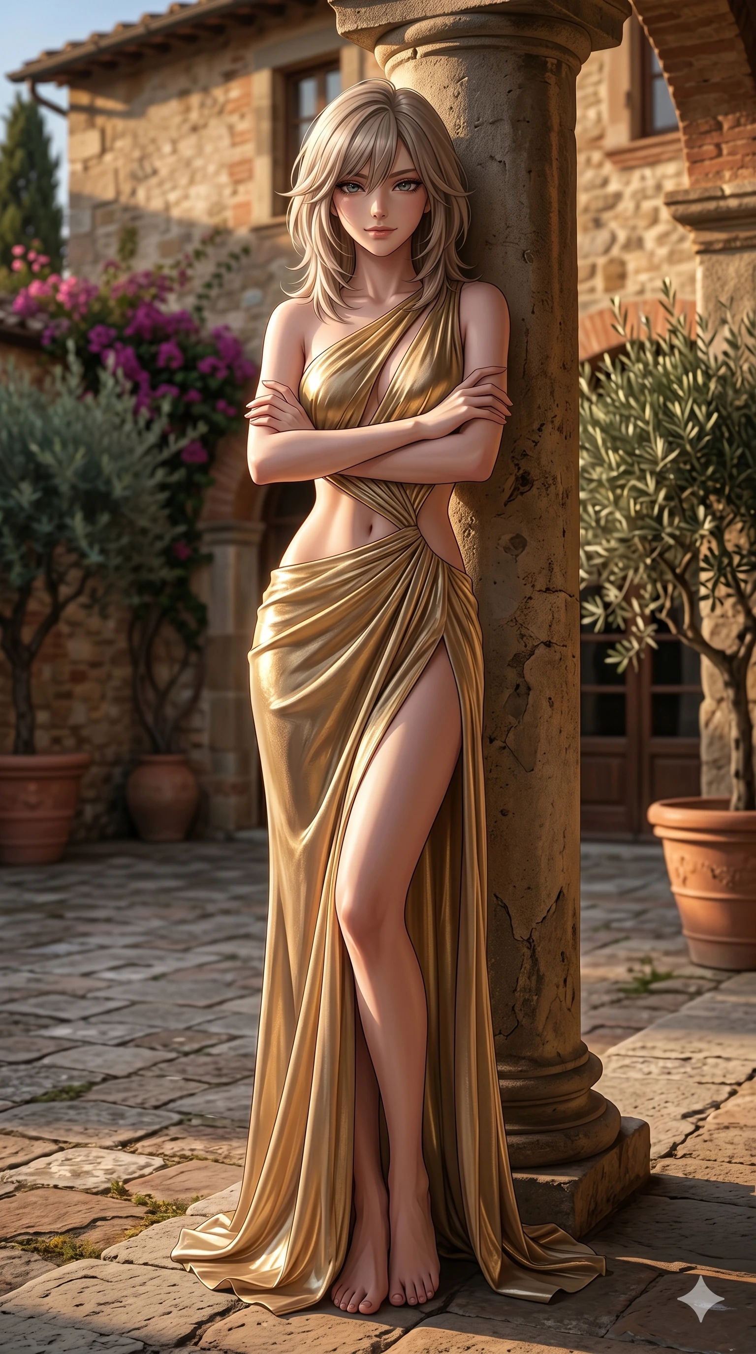 score_9, masterpiece, best quality, ultra-detailed, high-budget anime keyframe, editorial fashion photography, tasteful artistic composition, Japanese woman. cowboy shot from the thighs up, character and outfit filling the frame for maximum editorial presence. crossing her arms and leaning back, casting a cool, bedroom-eyes smile at the camera leaning against a stone pillar in a quiet courtyard of a Tuscan villa (Code-P16-072). She has an absolutely perfect 8-heads proportion, an exceptionally tall and slender female figure with impossibly long slender legs and an ultra-slim waist. V-shaped jawline, high-bridge nose, intricate jewel-like eyes with depth, thick eyelashes, glossy lips with a natural sheen. wearing a draped gold metallic chiffon gown with a dramatic open-waist cutout and high side slit. dramatic chiaroscuro lighting from the setting sun, accentuating her statuesque height. 2k, ultra detail, master piece, 9:16 ratio