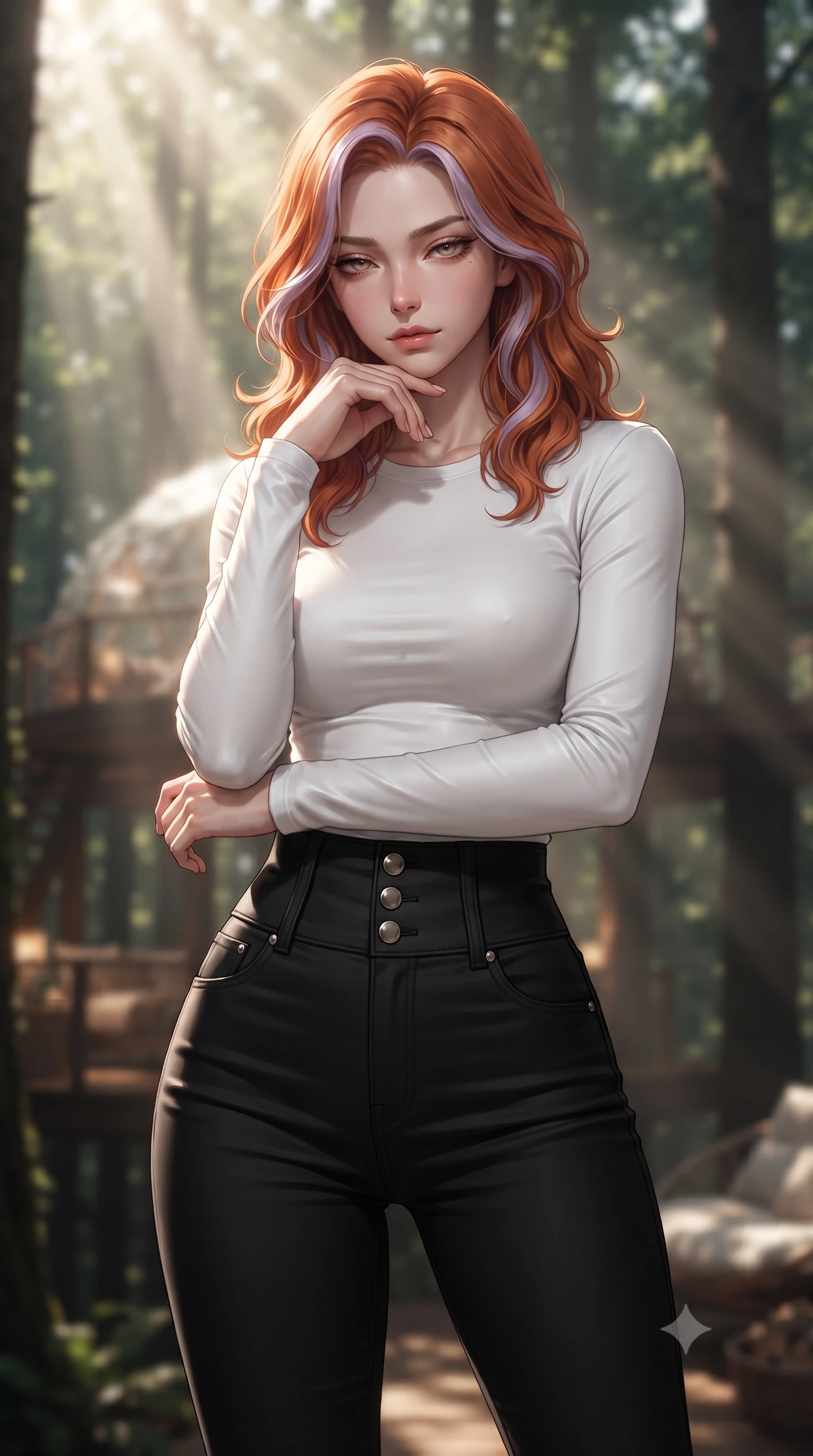 score_9, masterpiece, best quality, ultra-detailed, high-budget anime keyframe, editorial fashion photography, tasteful artistic composition, Caucasian woman. close-up cowboy shot from the waist and thighs up, the character dominates the composition, filling the frame with her large presence, background elements kept in soft focus. resting her chin on the backs of her fingers, casting a heavy-lidded, sultry look past the camera the background shows a soft-focus the interior of a treehouse glamping dome high in the canopy of a forest. She has an exceptionally elegant, slender, and willowy female figure with an ultra-slim waist, a gracefully sculpted slender torso, and a refined silhouette. sharp v-shaped jawline, high-bridge nose, intricate jewel-like eyes with depth, thick eyelashes, glossy lips with a natural sheen. wearing a tailored tight-fitting long-sleeve tee in pure white, tucked into high-waisted black skinny pants. sun rays slicing through the tree leaves, creating dramatic volumetric shafts of light. ultra-reflective glossy finish, specular highlights, metallic sheen, high-contrast stereoscopic depth, volumetric dynamic lighting, 2k, ultra detail, master piece, 9:16 ratio