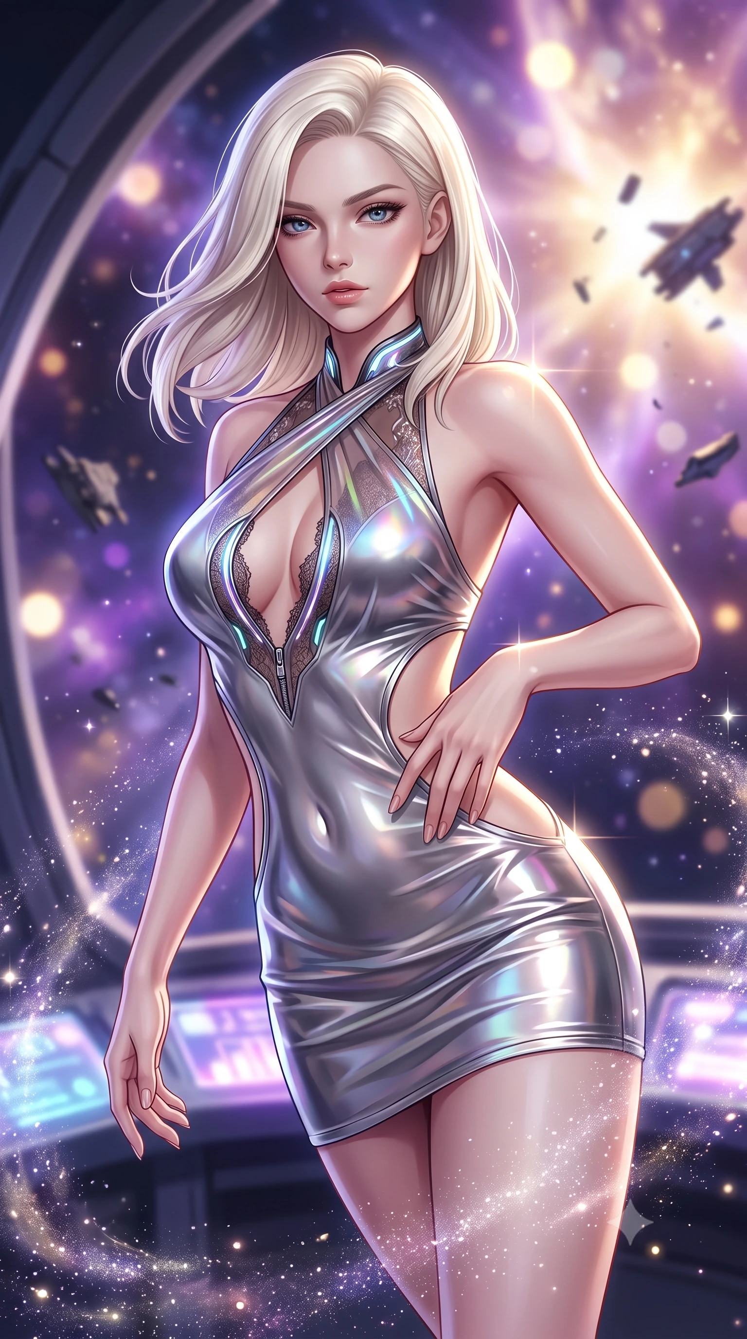 score_9, masterpiece, best quality, ultra-detailed, high-budget anime keyframe, semi-realistic 3D game render, editorial fashion photography, tasteful artistic composition, Caucasian woman. close-up cowboy shot from the waist and thighs up, the character dominates the composition, filling the frame with her large presence. twisting her upper body in a dynamic S-curve with an alluring smolder, one hand trailing along her slender waist while drifting in zero-gravity near a giant panoramic bridge viewport with cosmic stardust swirling around her limbs. The composition keeps background elements in soft focus with creamy bokeh. blazing supernova shockwaves and floating starship debris blurred into brilliant violet and gold bokeh. She has an exceptionally elegant, slender, and willowy female figure with an ultra-slim waist, a gracefully sculpted slender torso, and a refined silhouette. sharp v-shaped jawline, high-bridge nose, intricate jewel-like eyes with depth, thick eyelashes, glossy lips with a natural sheen, flawlessly proportioned anatomical accuracy, natural body alignment, perfectly sculpted elegant limbs, clean dynamic posture without body distortion. wearing a molten silver liquid-metal mini dress featuring deep side-waist cutouts and a daring crossover halter neckline in translucent smoky quartz and iridescent holographic sheen, crafted from delicate dark lace interwoven with luminescent micro-fibers, featuring a dangerously unzipped neckline framed by glowing cybernetic accents, the daring cutouts accentuating her delicate midriff, graceful collarbones, and feminine contour. illuminated by glowing holographic console uplights and sharp starlight rim highlights. highly saturated vibrant anime colors, detailed shading with soft gradients, rich glossy textures, high-contrast stereoscopic depth, volumetric dynamic lighting, master piece, 9:16 ratio