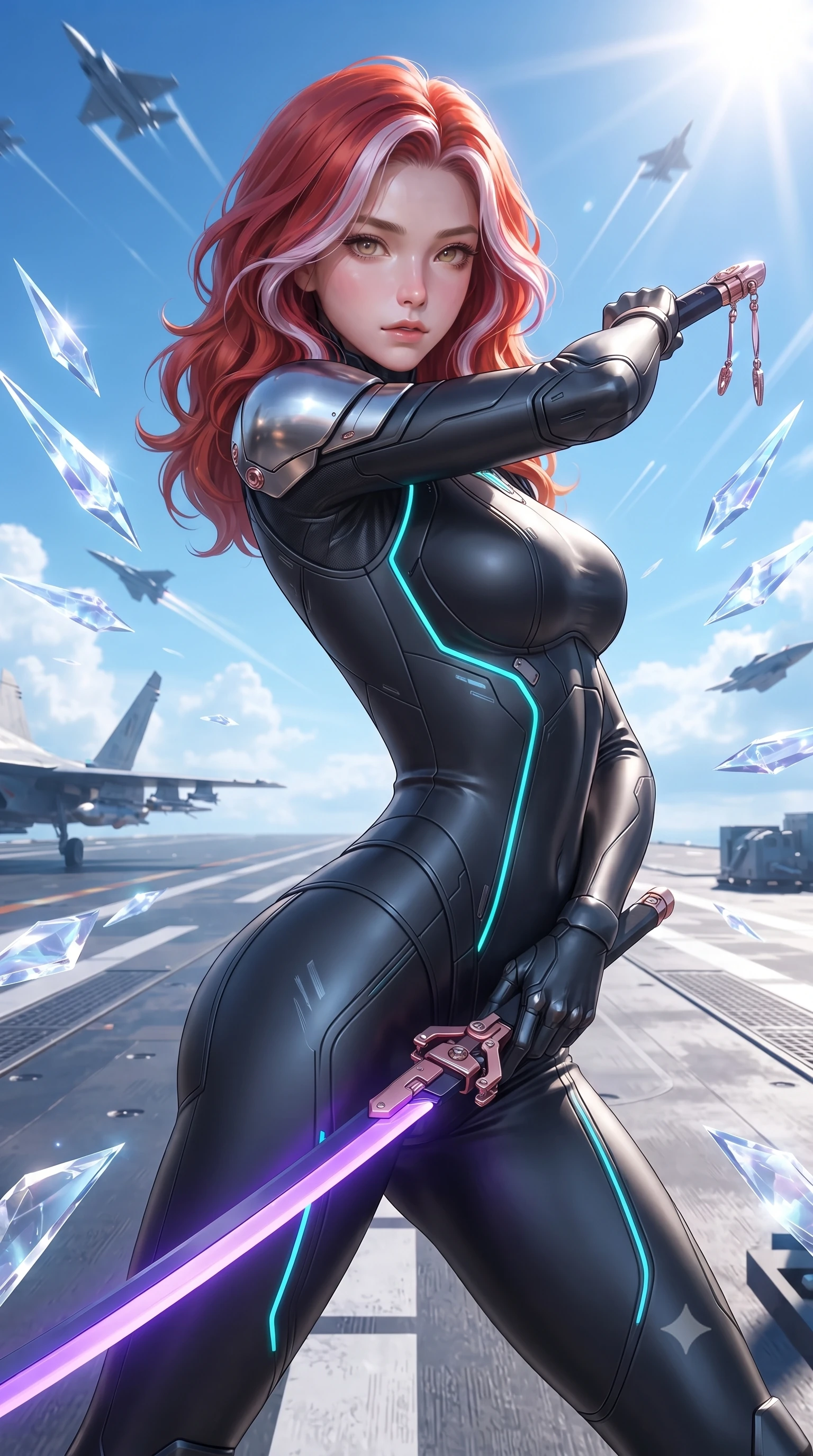 score_9, masterpiece, best quality, ultra-detailed, high-budget anime keyframe, editorial fashion photography, tasteful artistic composition, Caucasian woman. close-up cowboy shot from the waist and thighs up, the character dominates the composition, filling the frame with her large presence. twisting her upper body in a dynamic S-curve combat stance, one hand steadying her weapon with commanding supermodel allure while arching her back in fluid poise as supersonic jet fighters streak overhead through brilliant high-altitude sunlight. The surrounding environment is rendered in vivid detail and crisp panoramic clarity. razor-sharp floating crystal blade edges, glowing levitation drive rings, and flight deck surface textures in deep focus. She has an exceptionally elegant, slender, and willowy female figure with an ultra-slim waist, a gracefully sculpted slender torso, toned flat midriff, and a refined slim silhouette. sharp v-shaped jawline, high-bridge nose, intricate jewel-like eyes with depth, thick eyelashes, glossy lips with a natural sheen, flawlessly proportioned anatomical accuracy, strict slender model proportions, natural body alignment, perfectly sculpted long slender limbs, ultra-slim waistline, clean dynamic posture without body distortion. wearing an aerodynamic matte-black carbon-fiber bodysuit with glowing neon cyan conduit lines, reinforced by polished titanium pauldrons, wielding a sleek holographic plasma katana with a brilliant energy blade in royal purple carbon fiber with rose-gold hardware and clasps, made of liquid carbon-jersey fabric adhering flawlessly to her sculpted silhouette, finished with high-mobility articulation joints and miniature magnetic armor locks, the form-contouring material adhering flawlessly to her sculpted flat midriff and slender torso, emphasizing her long leg lines and perfectly proportioned willowy build. surrounded by an elevated, supreme, and radiantly commanding aerospace goddess aura. ultra-reflective glossy finish, specular highlights, dark metallic sheen, high-contrast stereoscopic depth, volumetric dynamic lighting, 2k, ultra detail, master piece, 9:16 ratio