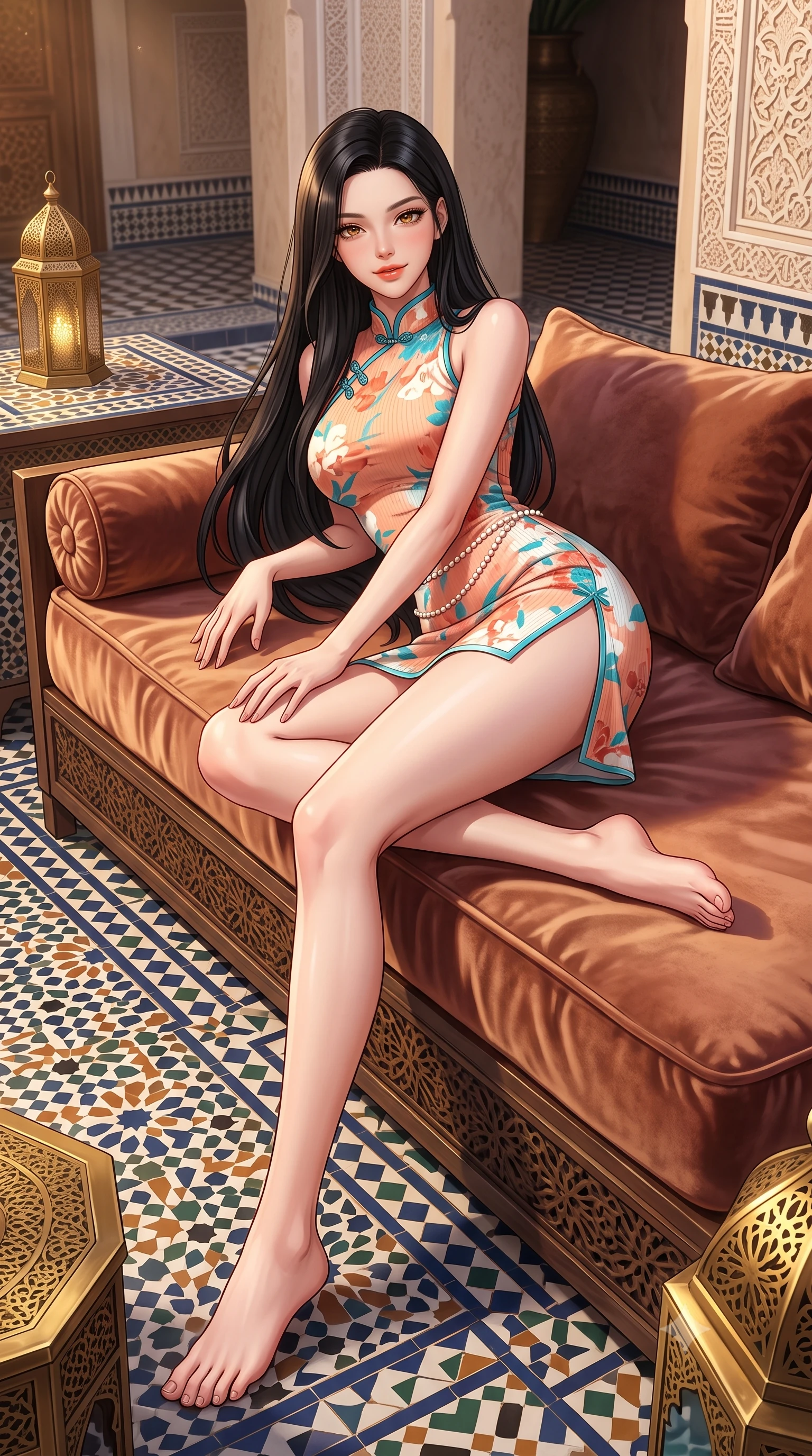 score_9, masterpiece, best quality, ultra-detailed, high-budget anime keyframe, semi-realistic 3D game render, editorial fashion photography, tasteful artistic composition, Korean woman. low angle full-body shot from head to toe showing her feet, filling the entire 9:16 vertical frame with her statuesque presence, stretching her vertical silhouette. reclining languidly on her side across the outdoor daybed with one knee drawn up, her radiant smile and arched hip curve commanding the 9:16 vertical frame with youthful sensual charisma while lounging across an oversized velvet-cushioned daybed, one knee drawn up, displaying her long slender limbs and toned flat midriff with regal charm. The surrounding environment is rendered in vivid detail and crisp panoramic clarity. sharp geometric zellige ceramic tile patterns, carved plaster arabesque textures, and brass lantern filigree in deep focus. She has an exceptionally tall and slender model-like 8.5-heads proportion, an ultra-slim waist, a flat toned midriff, narrow delicate ribcage, and beautifully sculpted feminine hips creating a graceful, slim hourglass silhouette without any bulky heaviness, with impossibly long slender legs. sharp v-shaped jawline, high-bridge nose, sparkling amber-hazel eyes with depth, long lush eyelashes, glossy sun-kissed lips with a warm coral glaze, radiant teasing smile with sensual sunlit bedroom-eyes, exuding effortless old-money elegance and intoxicating sun-drenched allure, flawlessly proportioned anatomical accuracy, strict slender model proportions, natural body alignment, perfectly sculpted long slender limbs, ultra-slim waistline, clean dynamic posture without body distortion. wearing a modern cute floral silk qipao mini dress with double side slits ascending to the hip in sunset peach tones in refreshing Aegean turquoise and crisp sea-salt white, formed from supple second-skin stretch ribbed knit clinging to her form, accented with a dainty pearl waist chain catching the ambient golden hour sunlight, the liquid-tight tailored fabric clinging flawlessly to her narrow waist and rounded feminine hips, emphasizing every millimeter of her sculpted slim hourglass curves without any bulky heaviness. bathed in warm ambient evening light filtering down into the tranquil open-air courtyard. highly saturated vibrant anime colors, detailed shading with soft gradients, rich glossy textures, high-contrast stereoscopic depth, volumetric dynamic lighting, master piece, 9:16 ratio