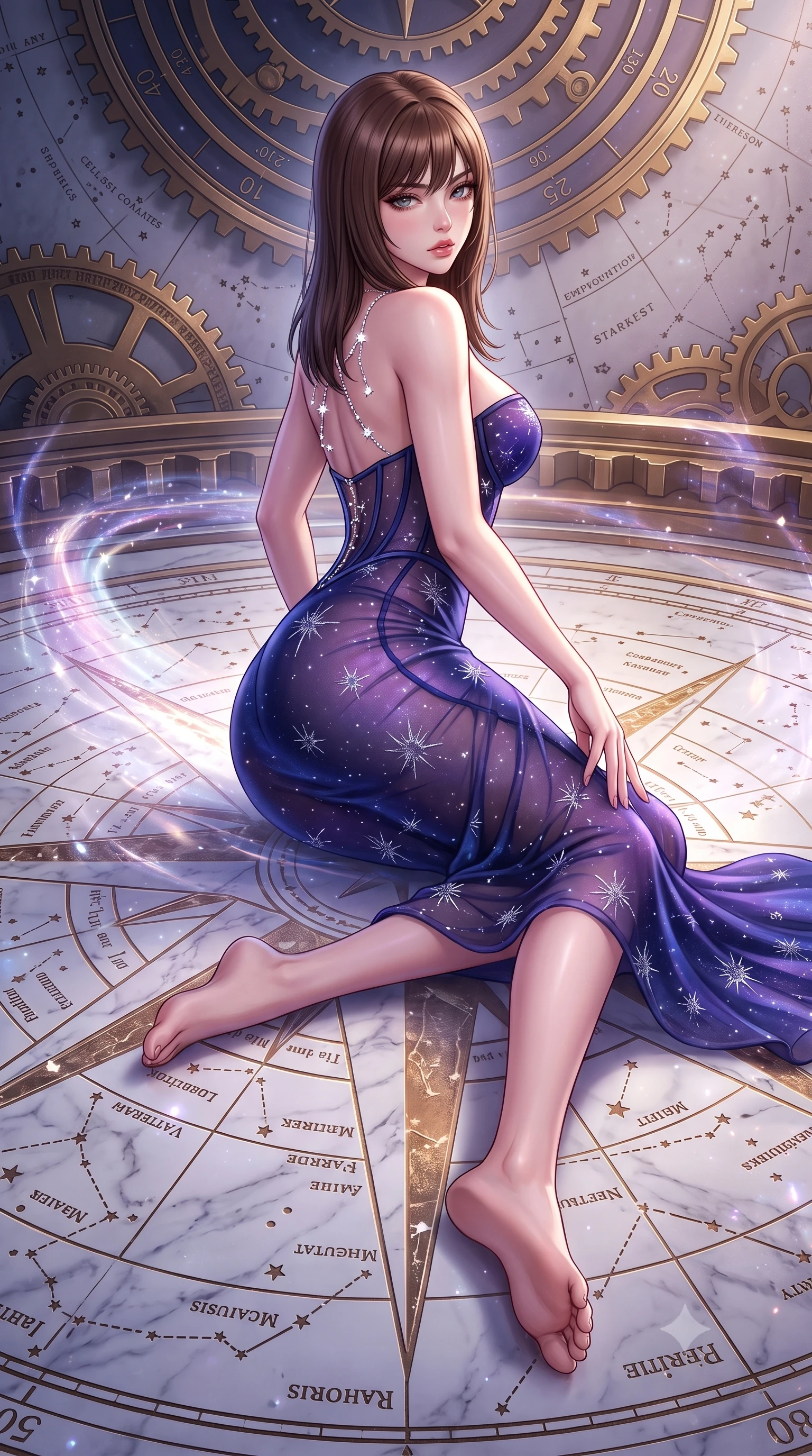 score_9, masterpiece, best quality, ultra-detailed, high-budget anime keyframe, semi-realistic 3D game render, editorial fashion photography, tasteful artistic composition, Korean woman. low angle full-body shot from head to toe showing her feet, filling the entire 9:16 vertical frame with her statuesque presence, stretching her vertical silhouette. reclining on her side in an elegant Cleopatra pose with one knee drawn up, the dramatic contour of her rounded hips and long slender legs commanding the 9:16 vertical frame while striding across the illuminated marble star-chart floor, hips swaying with sovereign cosmic empress charisma. The surrounding environment is rendered in vivid detail and crisp panoramic clarity. sharp brass gear teeth, engraved celestial coordinate rings, and star map typography in deep focus. She has an absolutely perfect, statuesque 8.5-heads proportion, an exceptionally tall and slender model-like female figure with impossibly long slender legs, a toned flat midriff, an ultra-slim waist, and beautifully sculpted feminine hips. sharp v-shaped jawline, high-bridge nose, intricate jewel-like eyes with depth, thick eyelashes, glossy parted lips with a natural sheen, intensely captivating and seductive bedroom-eyes expression, flawlessly proportioned anatomical accuracy, strict slender model proportions, natural body alignment, perfectly sculpted long slender limbs, ultra-slim waistline, clean dynamic posture without body distortion. wearing a sculptured deep-space corset gown with an exposed clavicle neckline and sweetheart bustier in deep nebula indigo and celestial starlight violet, made of sheer contouring power-mesh with silver starburst flocking, accented with a glittering crystal constellation back chain tracing her bare spine, the liquid-tight tailored fabric clinging flawlessly to her narrow waist and rounded feminine hips, emphasizing every millimeter of her sculpted hourglass curves during movement. surrounded by a celestial, immortal, and deeply hypnotic cosmos sovereign aura. highly saturated vibrant anime colors, detailed shading with soft gradients, rich glossy textures, high-contrast stereoscopic depth, volumetric dynamic lighting, master piece, 9:16 ratio