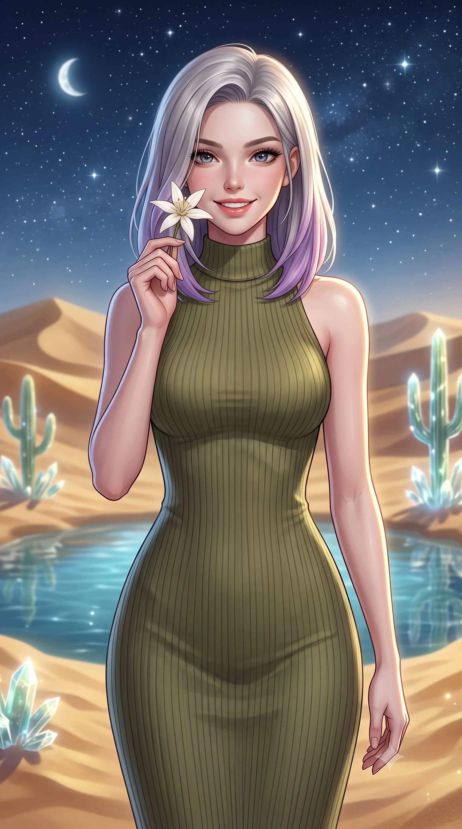score_9, masterpiece, best quality, ultra-detailed, high-budget anime keyframe, editorial fashion photography, tasteful artistic composition, Caucasian woman, strictly human ears. close-up cowboy shot from the waist and thighs up, the character dominates the composition, filling the frame with her large presence, background elements kept in soft focus. Holding a delicate flower near her cheek, smiling with dreamy happiness. set against a soft-focus background of standing beside a pristine desert pool surrounded by shifting gold sand dunes and glowing crystal cacti under a clear starry night. She has an exceptionally elegant, slender, and willowy female figure with a highly-defined ultra-slim waist, a gracefully sculpted slender torso, and a refined slim-fit silhouette that contours her form. sharp v-shaped jawline, high-bridge nose, intricate jewel-like eyes with depth, thick eyelashes, glossy lips with a natural sheen. wearing a form-fitting olive green ribbed-knit midi dress with a high collar, contouring her willowy torso and narrow waist. soft glowing ambient light with sharp side key light tracing the sleek contours of her figure. 2k, ultra detail, master piece, 9:16 ratio