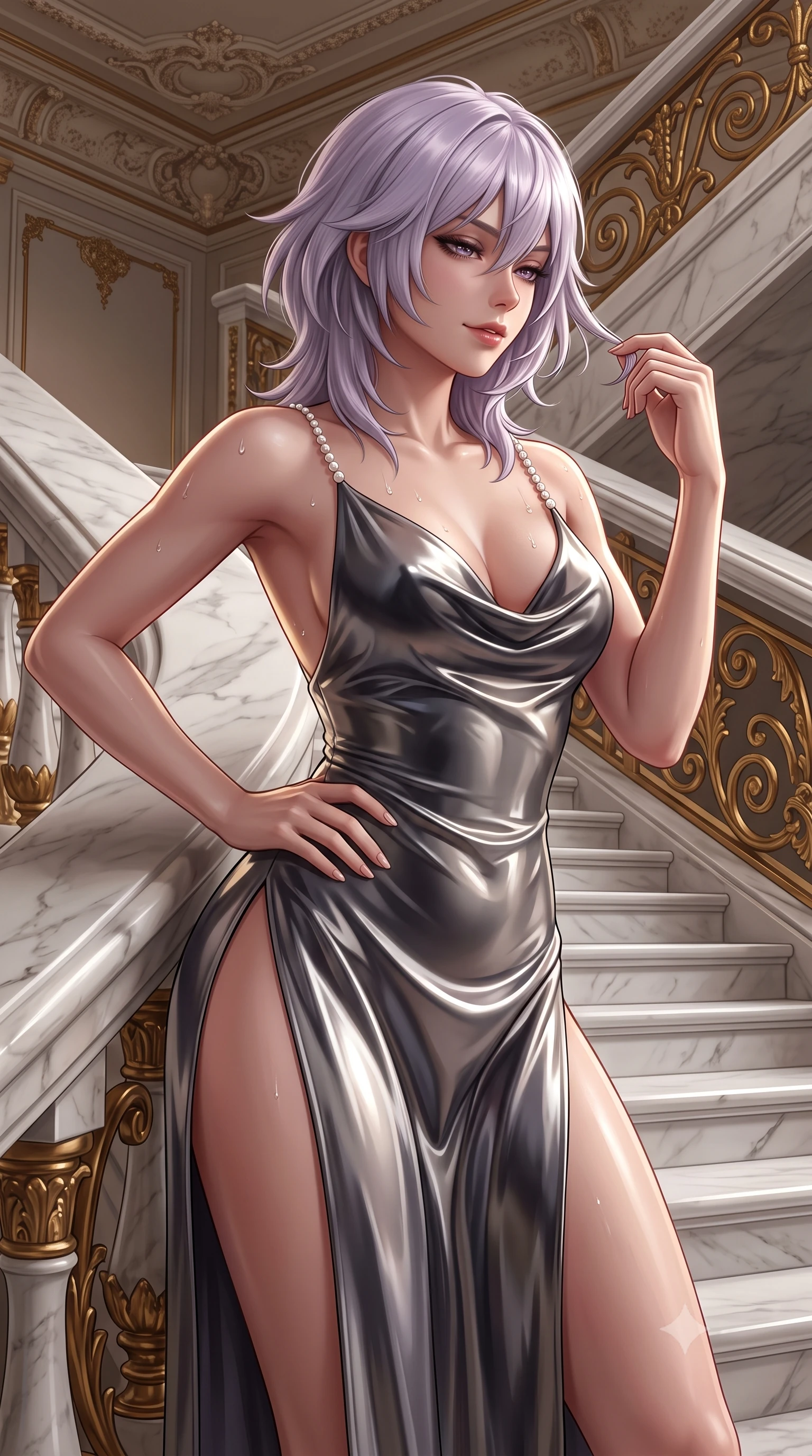 score_9, masterpiece, best quality, ultra-detailed, high-budget anime keyframe, semi-realistic 3D game render, editorial fashion photography, tasteful artistic composition, Japanese woman. close-up cowboy shot from the waist and thighs up, the character dominates the composition, filling the frame with her large presence. twisting her slender torso in an alluring contrapposto stance, one hand resting on her sculpted hip while her fingers toy with her hair with effortless poise while leaning against the sculpted marble balustrade with hips cocked back, looking down the grand staircase with an intoxicating bedroom-gaze. The surrounding environment is rendered in vivid detail and crisp panoramic clarity: sharp white marble stair treads, intricate gilded bronze baluster scrollwork, and ceiling stucco details in deep focus. She has an exceptionally elegant, slender, and willowy female figure with an ultra-slim waist, flat toned midriff, narrow ribcage, and sculpted feminine hips creating an alluring, slim hourglass silhouette without bulk. sharp v-shaped jawline, high-bridge nose, sparkling eyes with hypnotic seductive depth, thick curled eyelashes, glossy parted lips with a natural dewy peach sheen, alluring bedroom-eyes with an enchanting coquettish smile, exuding magnetic siren charisma and sophisticated glamour, flawlessly proportioned anatomical accuracy, strict slender model proportions, natural body alignment, perfectly sculpted long slender limbs, ultra-slim waistline, clean dynamic posture without body distortion. wearing a plunging cowl-neck liquid silk satin sarong slip dress with daring hip-high double slits and pearl shoulder straps in smoky charcoal and metallic platinum, crafted from wet-look high-gloss vinyl fabric with dazzling specular surface reflections, finished with glistening drops of lagoon or spa water beading across her sculpted shoulders and collarbones, the second-skin tailored fabric adhering flawlessly to her sculpted flat midriff and slender torso, emphasizing her long leg lines and perfectly proportioned willowy build. illuminated by polished marble reflection fill and sharp platinum-gold rim lights defining her delicate clavicles, ultra-slim waist, and curvy hips. highly saturated vibrant anime colors, detailed shading with soft gradients, rich glossy textures, high-contrast stereoscopic depth, volumetric dynamic lighting, master piece, 9:16 ratio