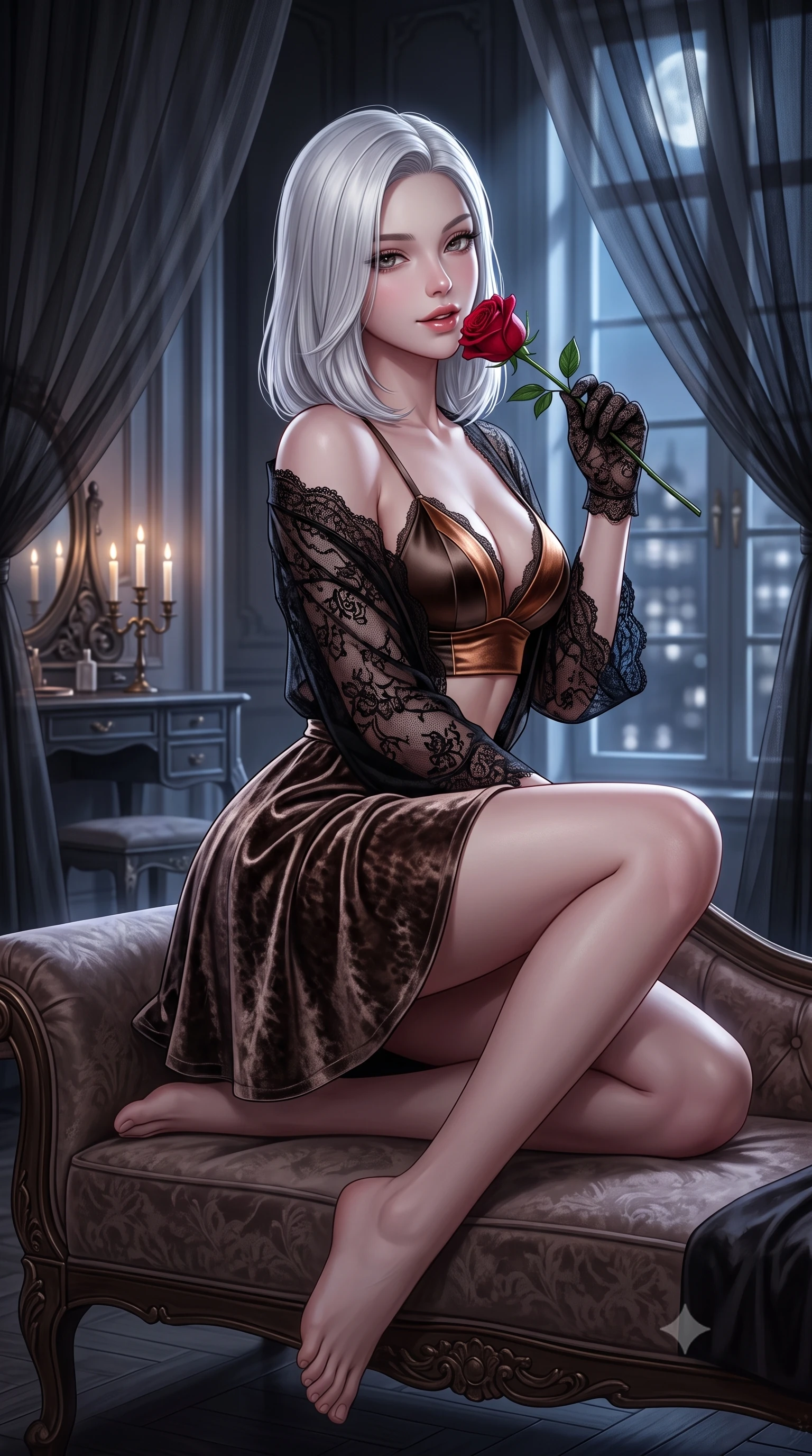 score_9, masterpiece, best quality, ultra-detailed, high-budget anime keyframe, semi-realistic 3D game render, editorial fashion photography, tasteful artistic composition, Korean woman. close-up cowboy shot from the waist and thighs up, the character dominates the composition, filling the frame with her large presence. perched sideways on the lounge seat, one knee drawn up to showcase her slender leg line while her arched back accentuates her feminine hip curve while kneeling gracefully on the lavish black-and-burgundy silk bedding, arching her lower back with breathless bedroom-allure. The background shows a soft-focus floating sheer black organza canopy curtains, antique gothic vanities, and moonlight blurred into charcoal, lavender, and silver bokeh. She has an exceptionally elegant, slender, and willowy female figure with an ultra-slim waist, flat toned midriff, narrow ribcage, and sculpted feminine hips creating an alluring, slim hourglass silhouette without bulk. sharp v-shaped jawline, high-bridge nose, sparkling eyes with hypnotic seductive depth, thick curled eyelashes, glossy parted lips with a natural dewy peach sheen, alluring bedroom-eyes with an enchanting coquettish smile, exuding magnetic siren charisma and sophisticated glamour, flawlessly proportioned anatomical accuracy, strict slender model proportions, natural body alignment, perfectly sculpted long slender limbs, ultra-slim waistline, clean dynamic posture without body distortion. wearing a delicate semi-sheer black Chantilly lace boudoir robe worn loose and slipping off bare shoulders over a matching satin bralette in sultry espresso bronze and metallic copper with velvet sheen, tailored from ultra-plush velvet with rich tactile depth and deep shadow gradients, accented with a single fresh-cut long-stemmed crimson rose held delicately near her parted lips, the glove-like clinging cut tightly following the natural contour of her hips and long slender legs with youthful 8.5-heads elegance. bathed in cool moonlight streaming through tall gothic windows mixed with soft bedside candelabra warmth. highly saturated vibrant anime colors, detailed shading with soft gradients, rich glossy textures, high-contrast stereoscopic depth, volumetric dynamic lighting, master piece, 9:16 ratio