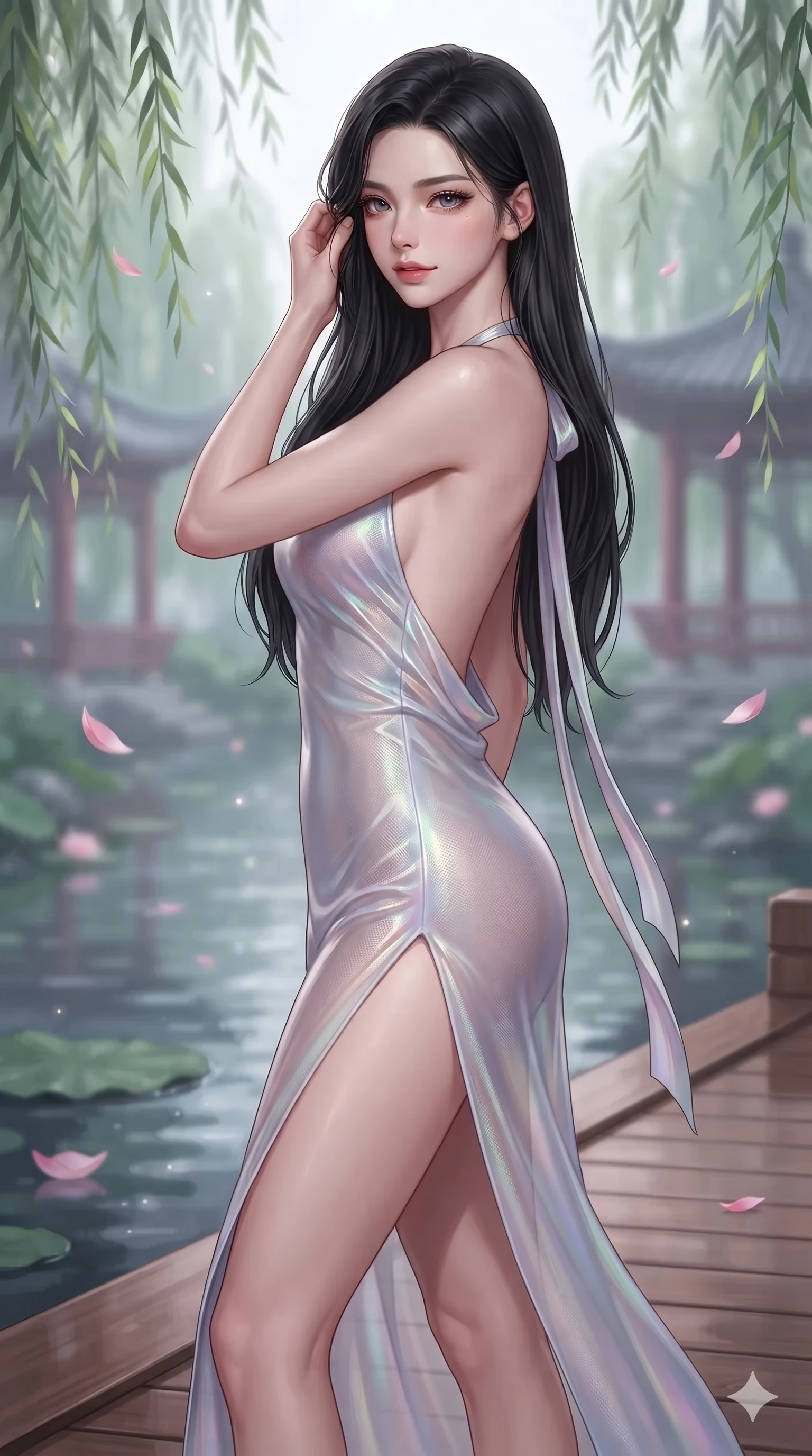 score_9, masterpiece, best quality, ultra-detailed, high-budget anime keyframe, editorial fashion photography, tasteful artistic composition, Korean woman. close-up cowboy shot from the waist and thighs up, the character dominates the composition, filling the frame with her large presence. gently brushing a lock of silk hair behind her ear while casting a playful, flirtatious side-gaze with long eyelashes while stepping slowly along the polished wooden decking with hypnotic grace, hips swaying in an alluring sensual rhythm that accentuates her curvy hourglass silhouette. The background shows a soft-focus swaying weeping willow branches, floating pink lotus petals, and distant garden pavilions blurred into rose, celadon, and slate bokeh. She has an exceptionally elegant, slender, and willowy female figure with an ultra-slim waist, flat toned midriff, narrow ribcage, and sculpted feminine hips creating an alluring, slim hourglass silhouette without bulk. sharp v-shaped jawline, high-bridge nose, sparkling eyes with hypnotic seductive depth, thick curled eyelashes, glossy parted lips with a natural dewy peach sheen, alluring bedroom-eyes with an enchanting coquettish smile, exuding magnetic siren charisma and sophisticated glamour, flawlessly proportioned anatomical accuracy, strict slender model proportions, natural body alignment, perfectly sculpted long slender limbs, ultra-slim waistline, clean dynamic posture without body distortion. wearing a form-contouring gossamer silk chiffon slip dress with hip-high slit and open cowl back clinging with evening mist in iridescent mother-of-pearl and misty lavender, crafted from translucent iridescent mesh with a wet-look second-skin cling, finished with long silk ribbon ties fluttering down her bare spine from a backless halter, the form-fitting cut adhering flawlessly to her sculpted flat midriff and slender torso, emphasizing her long leg lines and perfectly proportioned willowy build. illuminated by dark water reflection bounce and sharp silver-rose rim lights defining her razor-sharp jawline, narrow waist, and curvy hips. ultra-reflective glossy finish, specular highlights, rich textural contrasts, high-contrast stereoscopic depth, volumetric dynamic lighting, 2k, ultra detail, master piece, 9:16 ratio