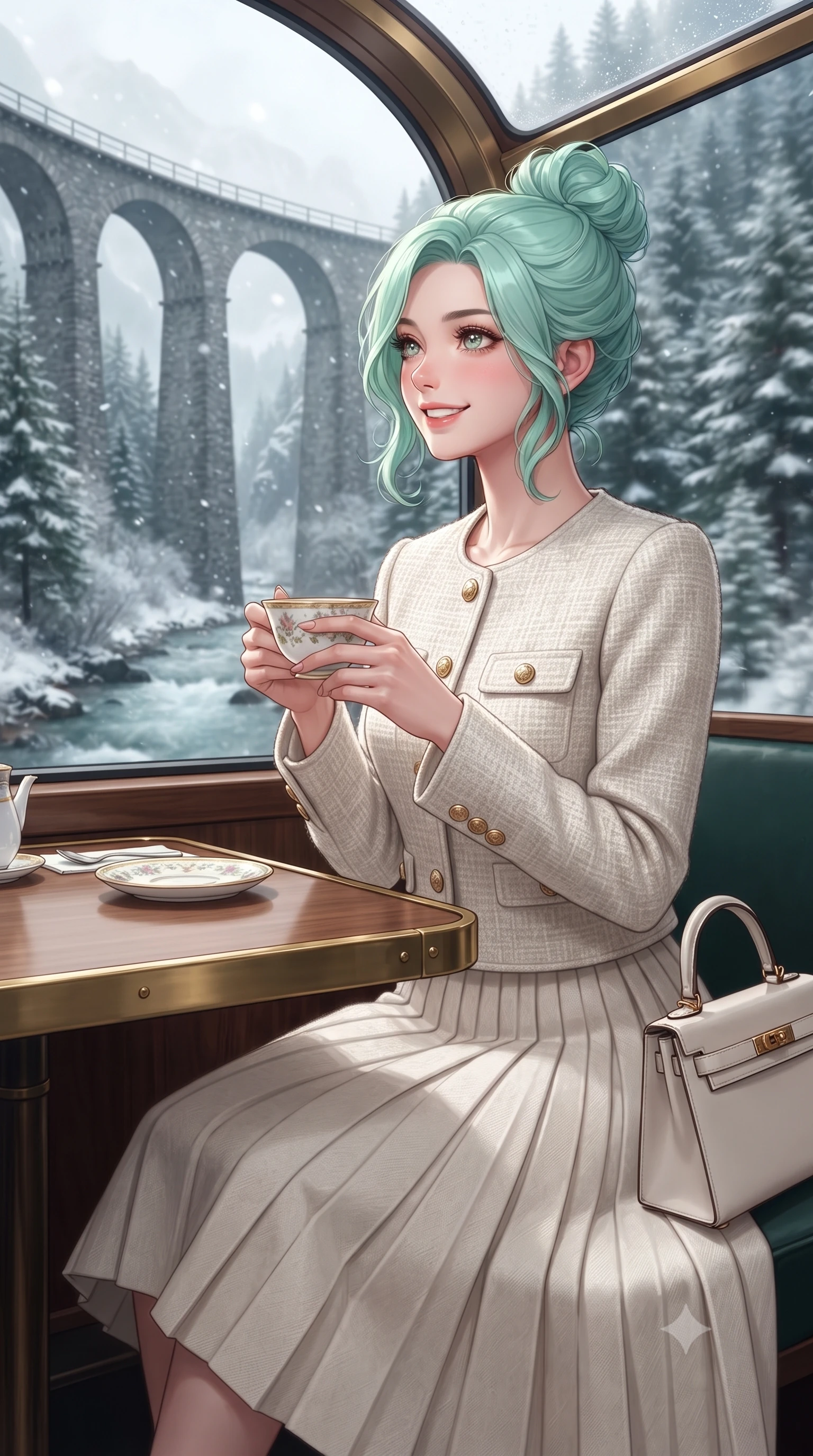 score_9, masterpiece, best quality, ultra-detailed, high-budget anime keyframe, editorial fashion photography, tasteful artistic composition, Japanese woman. close-up cowboy shot from the waist and thighs up, the character dominates the composition, filling the frame with her large presence. holding a warm porcelain cup in both hands while tilting her head with an enchanting, beaming smile while sitting poised at the brass-trimmed wood dining table beneath the curved glass ceiling, watching snow canyons sweep past with an enchanted smile. The background shows a soft-focus dramatic Landwasser viaduct stone arches, roaring mountain river gorges, and frosted pine forests rushing past blurred into deep evergreen, slate, and snow white bokeh. She has an exceptionally elegant, slender, and willowy female figure with an ultra-slim waist, flat toned midriff, narrow ribcage, and sculpted feminine hips creating an alluring, slim hourglass silhouette without bulk. sharp v-shaped jawline, high-bridge nose, intricate jewel-like sparkling eyes with depth, thick eyelashes, glossy parted lips with a natural peach sheen, bright cheerful beaming smile with an enchanting and coquettish sensual glint, exuding both youthful cute charm and seductive allure, flawlessly proportioned anatomical accuracy, strict slender model proportions, natural body alignment, perfectly sculpted long slender limbs, ultra-slim waistline, clean dynamic posture without body distortion. wearing a structured houndstooth tweed jacket with gold embossed buttons and a matching pleated A-line midi skirt in Swiss alpine snow white and oat cashmere, woven from fine Australian merino wool with a smooth fluid drape and subtle sheen, finished with a structured leather top-handle mini bag resting gracefully at her side, the expertly draped wool fabric falling in crisp fluid lines along her tall 8.5-heads silhouette, celebrating her slender frame without excess fabric bulk. bathed in dynamic shifting daylight filtering through curved glass roof panels as the train glides through alpine mountain passes. ultra-reflective glossy finish, specular highlights, rich textural contrasts, high-contrast stereoscopic depth, volumetric dynamic lighting, 2k, ultra detail, master piece, 9:16 ratio