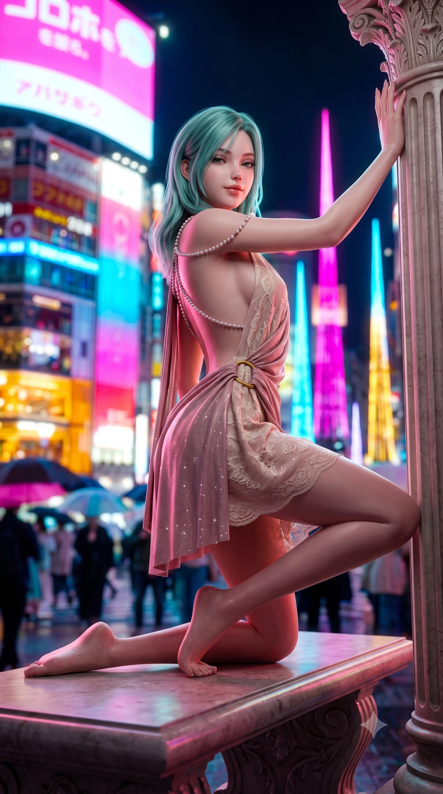 score_9, masterpiece, best quality, ultra-detailed, high-budget anime keyframe, semi-realistic 3D game render, editorial fashion photography, tasteful artistic composition, Japanese woman. low angle full-body shot from head to toe showing her feet, filling the entire 9:16 vertical frame with her statuesque presence, stretching her vertical silhouette. standing tall beside the architectural column, one hand resting high while arching her lower back to emphasize her sculpted feminine hips and slender waist while sitting poised on the submerged stone bench with one knee drawn up, casting a teasing, magnetic bedroom-smile toward the viewer. The background shows a soft-focus massive electronic billboard animations, famous Shibuya scramble crossing with pedestrian umbrellas, and neon spires blurred into fuchsia, electric blue, and gold bokeh. She has an absolutely perfect, statuesque 8.5-heads proportion, an exceptionally tall and slender model-like female figure with impossibly long slender legs, an ultra-slim waist, a flat toned midriff, narrow delicate ribcage, and beautifully sculpted feminine hips creating a graceful, slim hourglass silhouette without any bulky heaviness. sharp v-shaped jawline, high-bridge nose, sparkling eyes with hypnotic seductive depth, thick curled eyelashes, glossy parted lips with a natural dewy peach sheen, alluring bedroom-eyes with an enchanting coquettish smile, exuding magnetic siren charisma and sophisticated glamour, flawlessly proportioned anatomical accuracy, strict slender model proportions, natural body alignment, perfectly sculpted long slender limbs, ultra-slim waistline, clean dynamic posture without body distortion. wearing a draped Greek-goddess style silk chiffon mini toga dress with an open back and golden hip fibula in dusky blush pink and warm ivory lace, woven from stretch metallic lurex jersey casting radiant starlight glints across her silhouette, accented with a pearl-drop body harness subtly framing her dewy collarbones and spine, the liquid-tight tailored fabric clinging flawlessly to her narrow waist and rounded feminine hips, emphasizing every millimeter of her sculpted slim hourglass curves without any bulky heaviness. bathed in dynamic shifting saturated neon pink, cyan, and amber light projected horizontally from monumental electronic billboards. highly saturated vibrant anime colors, detailed shading with soft gradients, rich glossy textures, high-contrast stereoscopic depth, volumetric dynamic lighting, master piece, 9:16 ratio
