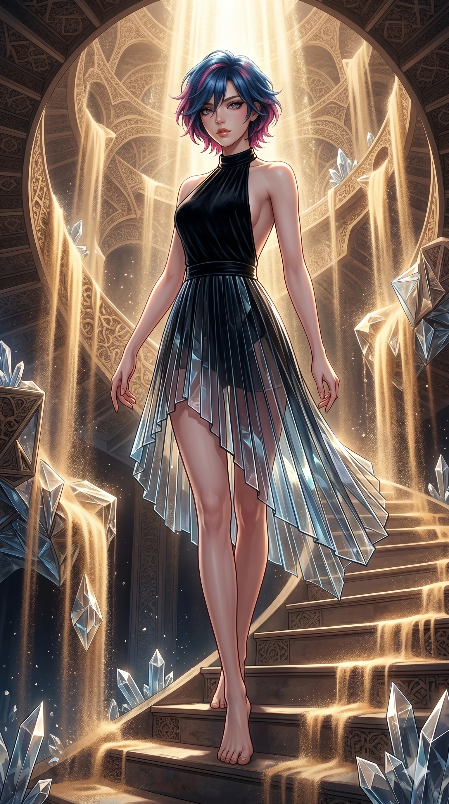 score_9, masterpiece, best quality, ultra-detailed, high-budget anime keyframe, Korean woman. low angle full-body shot filling the entire 9:16 frame with her statuesque presence, stretching the vertical silhouette. descending through a fractal quicksand temple where golden sand waterfalls transform into glass crystals, artistic intricate repeating patterns. She has an absolutely perfect 8-heads proportion, an exceptionally tall and slender female figure with impossibly long slender legs and an ultra-slim waist. V-shaped jawline, high-bridge nose, intricate jewel-like eyes with depth, thick eyelashes, glossy lips with a natural sheen.. wearing a fractal glass pleated skirt and a backless black velvet halter neck top, creating a dramatic and elegant silhouette. illuminated by dramatic chiaroscuro casting soft shadows along her elegant contours, with vibrant backlighting highlighting the dust particles. 2k, ultra detail, master piece, 9:16 ratio