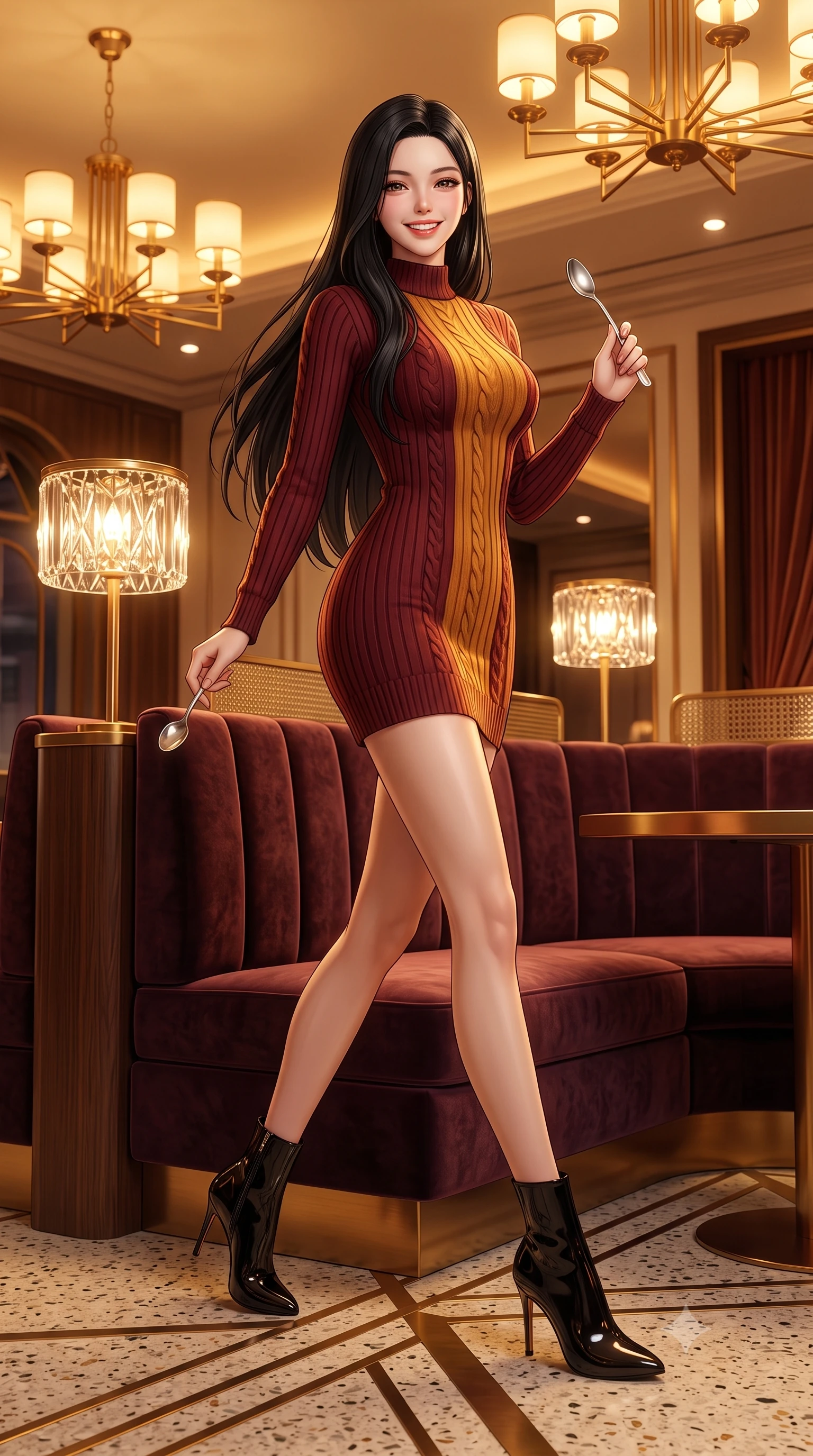 score_9, masterpiece, best quality, ultra-detailed, high-budget anime keyframe, semi-realistic 3D game render, editorial fashion photography, tasteful artistic composition, Korean woman. low angle full-body shot from head to toe showing her feet, filling the entire 9:16 vertical frame with her statuesque presence, stretching her vertical silhouette. stepping forward gracefully in mid-motion with a radiant beaming smile, hips swaying with supermodel rhythm as her vertical silhouette fills the frame while perched gracefully on the edge of the velvet banquette, holding a silver dessert spoon with playful, charming elegance. The surrounding environment is rendered in vivid detail and crisp panoramic clarity: sharp brass geometric inlay strips in terrazzo flooring, cut-crystal lamp shade facets, and velvet upholstery pile in deep focus. She has an exceptionally tall and slender model-like 8.5-heads proportion, an ultra-slim waist, a flat toned midriff, narrow delicate ribcage, and beautifully sculpted feminine hips creating a graceful, slim hourglass silhouette without any bulky heaviness, with impossibly long slender legs. sharp v-shaped jawline, high-bridge nose, intricate jewel-like sparkling eyes with depth, thick eyelashes, glossy parted lips with a natural peach sheen, bright cheerful beaming smile with an enchanting and coquettish sensual glint, exuding both youthful cute charm and seductive allure, flawlessly proportioned anatomical accuracy, strict slender model proportions, natural body alignment, perfectly sculpted long slender limbs, ultra-slim waistline, clean dynamic posture without body distortion. wearing a sculpted cable-ribbed cashmere bodycon sweater dress with long fitted sleeves and a snug mock-neck tracing her slender silhouette in rich Oxford burgundy and golden amber, tailored from premium double-knit ponte with sleek sculpting hold and smooth contours, complemented by sleek patent leather stiletto ankle boots accentuating her long slender calves, the body-conscious tailored knit hugging her sculpted torso and curvaceous hips in a seamless, fluid line that highlights her statuesque model proportions. bathed in warm 2900K incandescent amber illumination from authentic Art Deco brass chandeliers and table lamps. highly saturated vibrant anime colors, detailed shading with soft gradients, rich glossy textures, high-contrast stereoscopic depth, volumetric dynamic lighting, master piece, 9:16 ratio