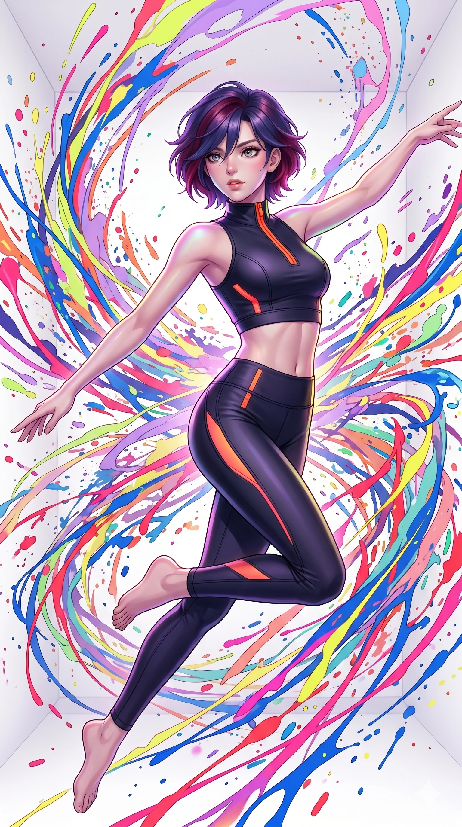 score_9, masterpiece, best quality, ultra-detailed, high-budget anime keyframe, Caucasian woman, strictly human ears. upper body close-up from the thighs up, character filling the screen for maximum presence. leaping into a vorticist paint splatter dimension where thousands of vivid acrylic paint ribbons and splatters swirl around her in a white gallery void. She has an absolutely perfect 8-heads proportion, an exceptionally tall and slender female figure with impossibly long slender legs and an ultra-slim waist. V-shaped jawline, high-bridge nose, intricate jewel-like eyes with depth, thick eyelashes, glossy lips with a natural sheen.. wearing a second-skin neoprene cyber-athleisure set, featuring a tight crop top and leggings with fluorescent orange zipper accents and side slash panels. enhanced by a luminous pastel spectrum glow, casting elegant rim lights on her shoulders and jawline. 2k, ultra detail, master piece, 9:16 ratio
