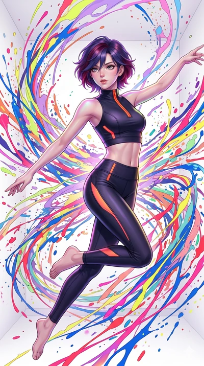 score_9, masterpiece, best quality, ultra-detailed, high-budget anime keyframe, Caucasian woman, strictly human ears. upper body close-up from the thighs up, character filling the screen for maximum presence. leaping into a vorticist paint splatter d