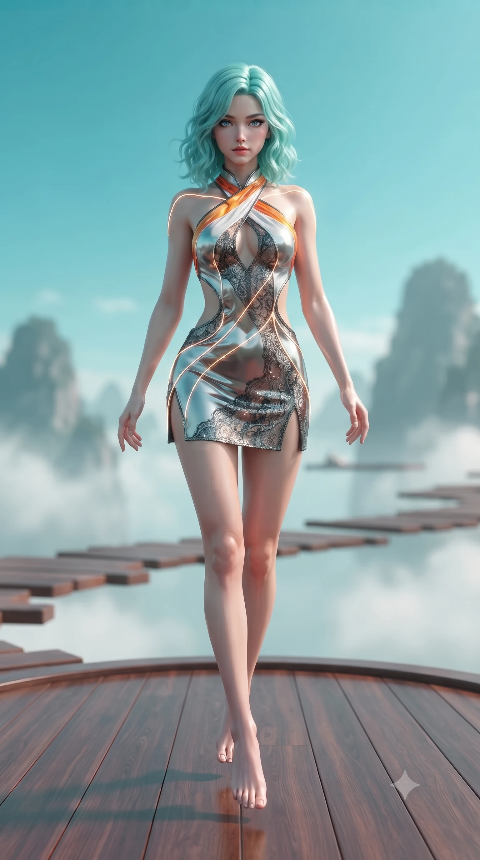 score_9, masterpiece, best quality, ultra-detailed, high-budget anime keyframe, editorial fashion photography, tasteful artistic composition, Japanese woman. low angle full-body shot from head to toe showing her feet, filling the entire 9:16 vertical frame with her statuesque presence, stretching her vertical silhouette. performing an alluring mid-air vault with flawless poise, looking directly into the camera with smoldering intensity while stretching her slender torso in an alluring S-curve on a floating meditation deck under a clear turquoise sky. The composition keeps background elements in soft focus with creamy bokeh. floating wooden walkways and distant mist-shrouded mountain peaks softened in gentle shallow focus. She has an absolutely perfect, statuesque 8.5-heads proportion, an exceptionally tall and slender model-like female figure with impossibly long slender legs, a toned flat midriff, and an ultra-slim waist. sharp v-shaped jawline, high-bridge nose, intricate jewel-like eyes with depth, thick eyelashes, glossy lips with a natural sheen, flawlessly proportioned anatomical accuracy, strict slender model proportions, natural body alignment, perfectly sculpted long slender limbs, ultra-slim waistline, clean dynamic posture without body distortion. wearing a molten silver liquid-metal mini dress featuring deep side-waist cutouts and a daring crossover halter neckline in vivid sunset amber orange and cloud white, crafted from delicate dark lace interwoven with luminescent micro-fibers, accented with glowing fiber-optic seams tracing her collarbones and hip curves, the sleek second-skin cut tightly hugging her graceful clavicle, narrow waist, and feminine curves with athletic precision. surrounded by a serene, magical, and captivatingly sensual oriental sanctuary aura. ultra-reflective glossy finish, specular highlights, metallic sheen, high-contrast stereoscopic depth, volumetric dynamic lighting, 2k, ultra detail, master piece, 9:16 ratio