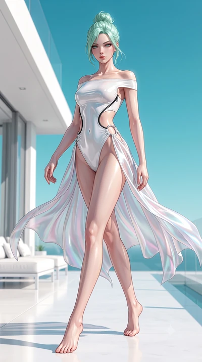 score_9, masterpiece, best quality, ultra-detailed, high-budget anime keyframe, semi-realistic 3D game render, editorial fashion photography, tasteful artistic composition, Japanese woman. low angle full-body shot from head to toe showing her feet, f