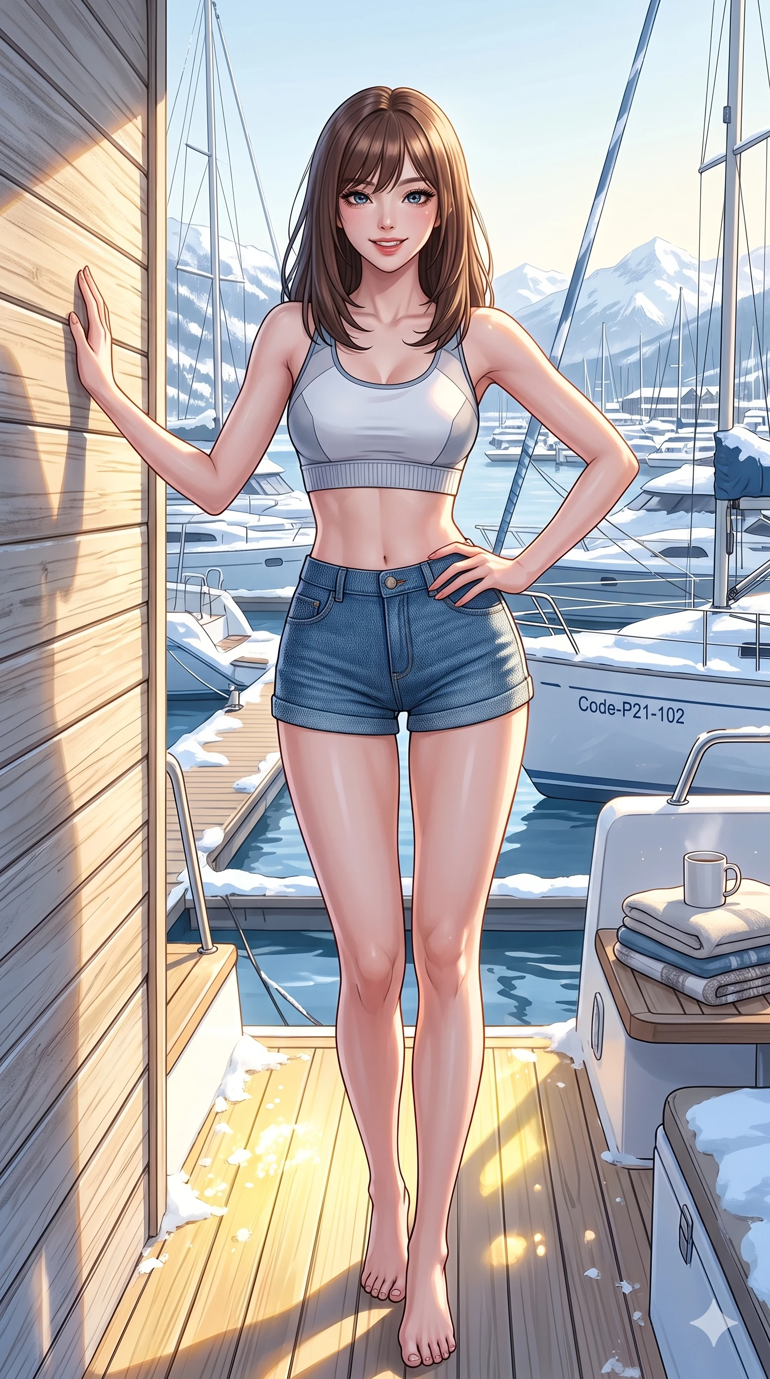 score_9, masterpiece, best quality, ultra-detailed, high-budget anime keyframe, vibrant anime aesthetic, Korean woman. cowboy shot from the thighs up, character and outfit filling the frame for maximum presence. She is posing with a playful, lively grin, leaning one hand against a chalet wall on a private sun-drenched yacht deck in the winter harbor (Code-P21-102). She has an absolutely perfect 8-heads proportion, an exceptionally tall and slender female figure with impossibly long slender legs and an ultra-slim waist. V-shaped jawline, high-bridge nose, intricate jewel-like eyes with depth, thick eyelashes, glossy lips with a natural sheen. wearing a athletic crop top paired with denim knit shorts in the winter sun. She is bathed in a beautiful winter contrast of warm yellow sunbeams and cool snow reflections. 2k, ultra detail, master piece, 9:16 ratio