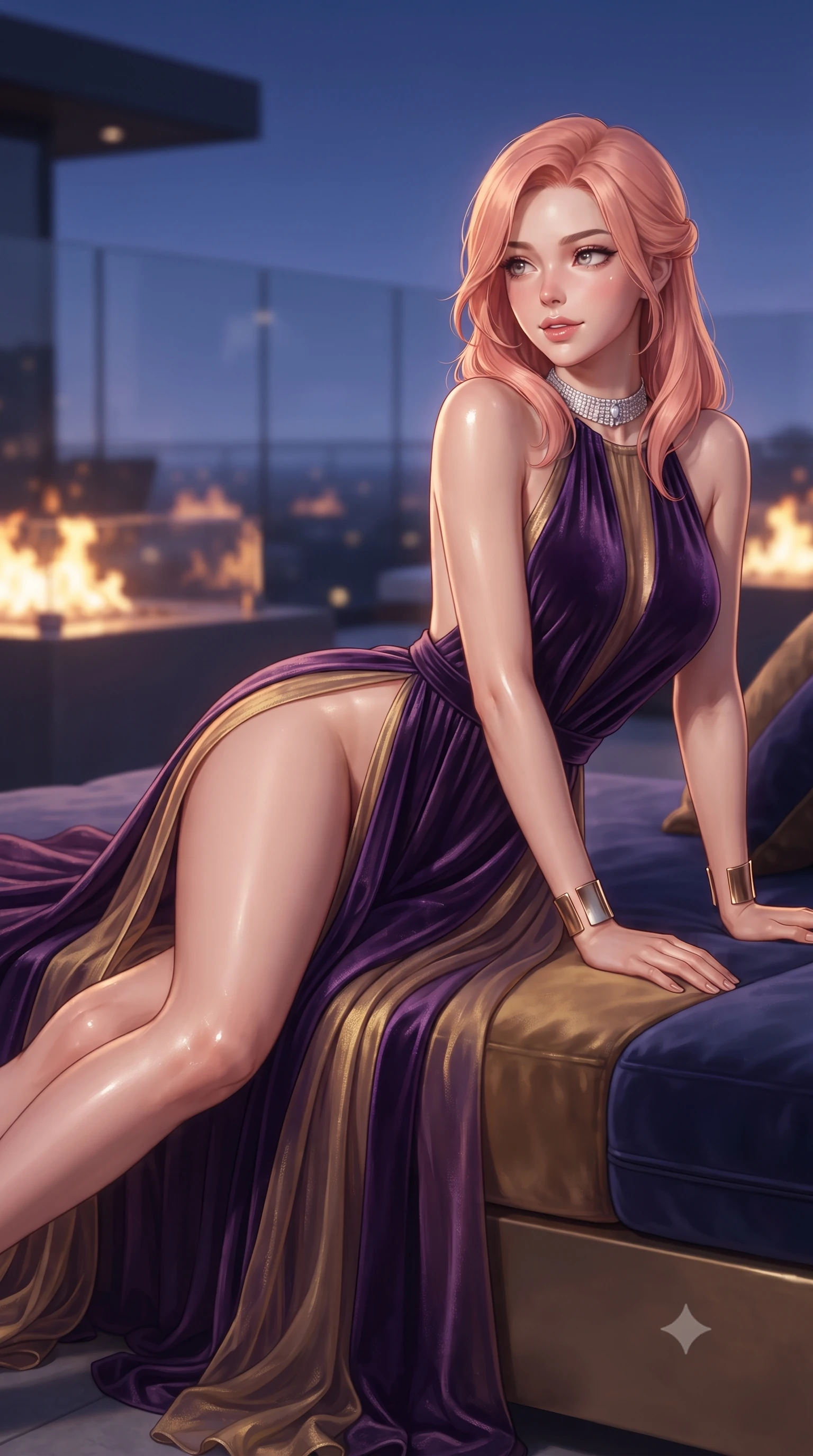score_9, masterpiece, best quality, ultra-detailed, high-budget anime keyframe, editorial fashion photography, tasteful artistic composition, Japanese woman. close-up cowboy shot from the waist and thighs up, the character dominates the composition, filling the frame with her large presence. turning over a bare shoulder with an intoxicating, teasing smile, her soft hair framing her sharp jawline as her hips angle gracefully while reclining on her side across a floating velvet infinity daybed, one leg extended and torso propped on one elbow to accentuate the sweeping line of her curvy hips. The composition keeps background elements in soft focus with creamy bokeh. glass terrace architecture and glowing fire pits softened in glamorous shallow depth of field. She has an exceptionally elegant, slender, and willowy female figure with an ultra-slim waist, a gracefully sculpted slender torso, toned flat midriff, and rounded feminine hips creating an alluring hourglass silhouette. sharp v-shaped jawline, high-bridge nose, intricate jewel-like eyes with depth, thick eyelashes, glossy parted lips with a natural sheen, intensely captivating and seductive bedroom-eyes expression, flawlessly proportioned anatomical accuracy, strict slender model proportions, natural body alignment, perfectly sculpted long slender limbs, ultra-slim waistline, clean dynamic posture without body distortion. wearing a halter-neck liquid metallic gown with open side slits ascending to the high hip in imperial purple velvet and antique gold, woven from layered gossamer chiffon with a weightless sweeping drape, accessorized with a bold diamond choker and minimalist gold cuffs, the precision-cut side openings and low-back scoop framing her graceful spine and the sensual sweep of her hips. bathed in twilight indigo sky tones and warm amber rooftop fire pit glow. ultra-reflective glossy finish, specular highlights, rich textural contrasts, high-contrast stereoscopic depth, volumetric dynamic lighting, 2k, ultra detail, master piece, 9:16 ratio