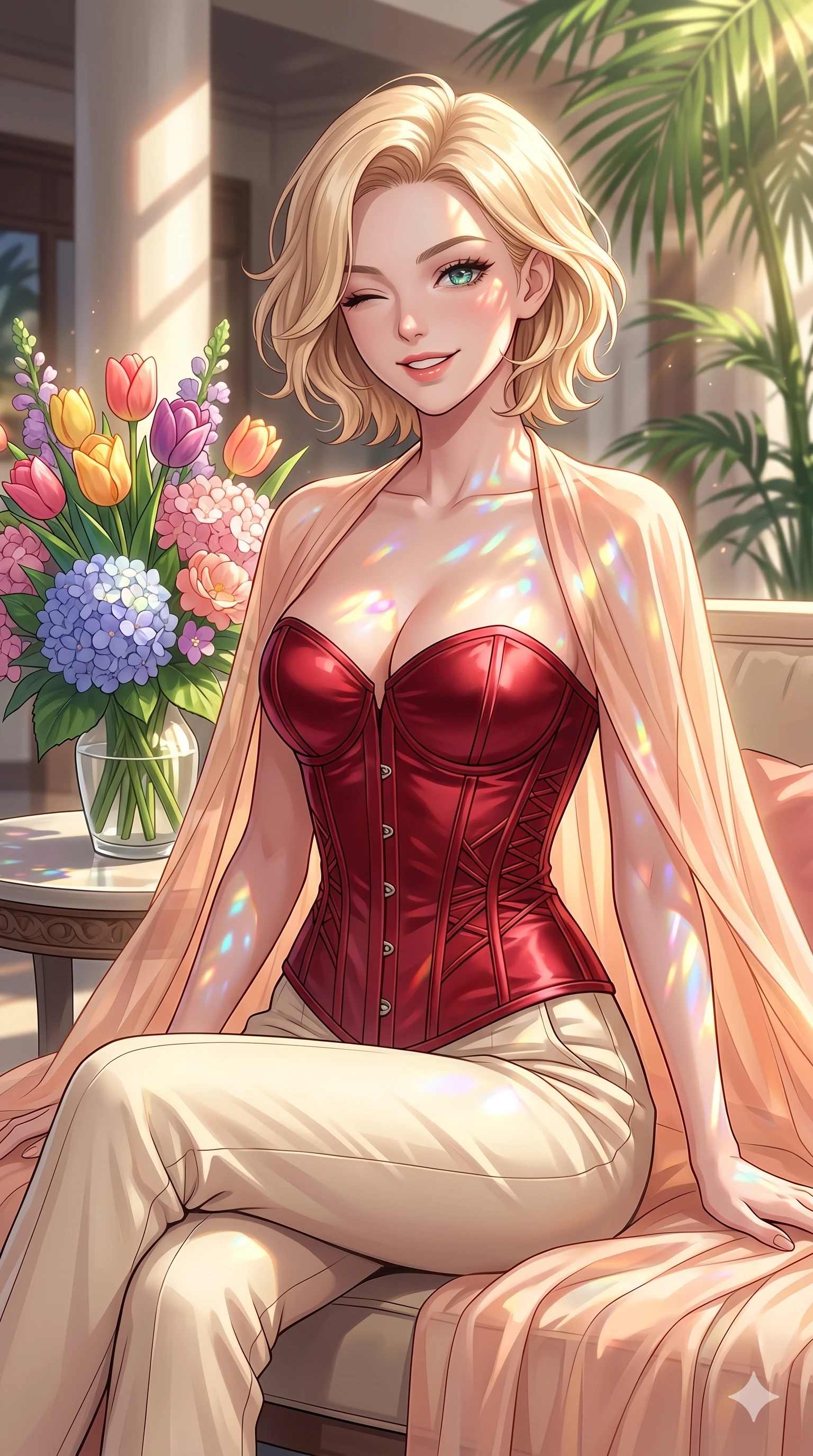 score_9, masterpiece, best quality, ultra-detailed, high-budget anime keyframe, vibrant anime aesthetic, Caucasian woman, strictly human ears. cowboy shot from the thighs up, character and outfit filling the frame for maximum presence. She is sitting in a sunlit lounge, winking with a cheerful and lively expression by a resort lobby with an indoor palm garden (Code-P20-141). She has an absolutely perfect 8-heads proportion, an exceptionally tall and slender female figure with impossibly long slender legs and an ultra-slim waist. V-shaped jawline, high-bridge nose, intricate jewel-like eyes with depth, thick eyelashes, glossy lips with a natural sheen. wearing a structured satin corset showing her cleavage and a sheer cape in the sun. She is lit by bright sunbeams reflecting off spring flowers, casting colorful highlights. 2k, ultra detail, master piece, 9:16 ratio