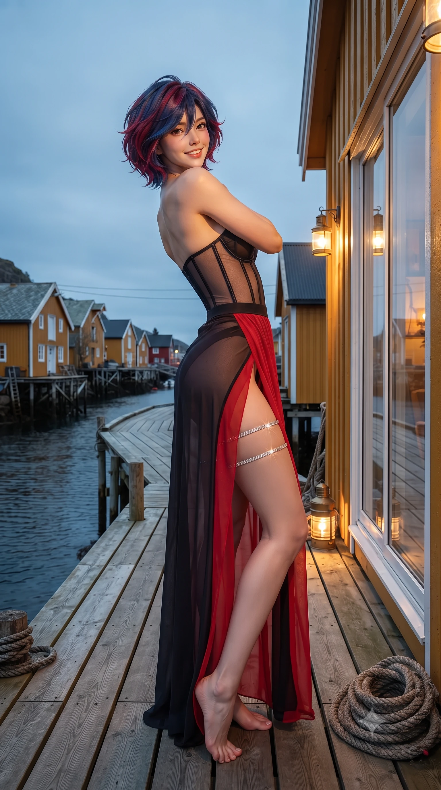 score_9, masterpiece, best quality, ultra-detailed, high-budget anime keyframe, editorial fashion photography, tasteful artistic composition, Korean woman. low angle full-body shot from head to toe showing her feet, filling the entire 9:16 vertical frame with her statuesque presence, stretching her vertical silhouette. posing in a classic haute-couture S-curve stance beside the floor-to-ceiling window, looking over a bare shoulder with magnetic presence while standing poised on the natural timber boardwalk snaking along the narrow fjord inlet between centuries-old yellow and ochre fishing huts, arching her lower back with effortless poise. The surrounding environment is rendered in vivid detail and crisp panoramic clarity: sharp weathered ironwood deck grain, traditional ochre oil paint cracks, and rustic hemp rope coils in deep focus. She has an exceptionally tall and slender model-like 8.5-heads proportion, an ultra-slim waist, a flat toned midriff, narrow delicate ribcage, and beautifully sculpted feminine hips creating a graceful, slim hourglass silhouette without any bulky heaviness, with impossibly long slender legs. sharp v-shaped jawline, high-bridge nose, intricate jewel-like sparkling eyes with depth, thick eyelashes, glossy parted lips with a natural peach sheen, bright cheerful beaming smile with an enchanting and coquettish sensual glint, exuding both youthful cute charm and seductive allure, flawlessly proportioned anatomical accuracy, strict slender model proportions, natural body alignment, perfectly sculpted long slender limbs, ultra-slim waistline, clean dynamic posture without body distortion. wearing a provocative translucent mesh corset bodice with boned satin channels paired with a sheer chiffon wrap maxi skirt in Reinefjorden rorbu vermilion red and obsidian granite, made of fluid liquid jersey with seamless sculpting hold and smooth contours, finished with delicate crystal-encrusted thigh garter straps glinting in the dim light, the high-slit wrap tailoring accentuating her ultra-slim waistline and the enchanting curve of her feminine hips with alluring seductive charm. bathed in the warm 2300K glow of vintage brass dock lanterns contrasted with cool Arctic evening sky. ultra-reflective glossy finish, specular highlights, rich textural contrasts, high-contrast stereoscopic depth, volumetric dynamic lighting, 2k, ultra detail, master piece, 9:16 ratio