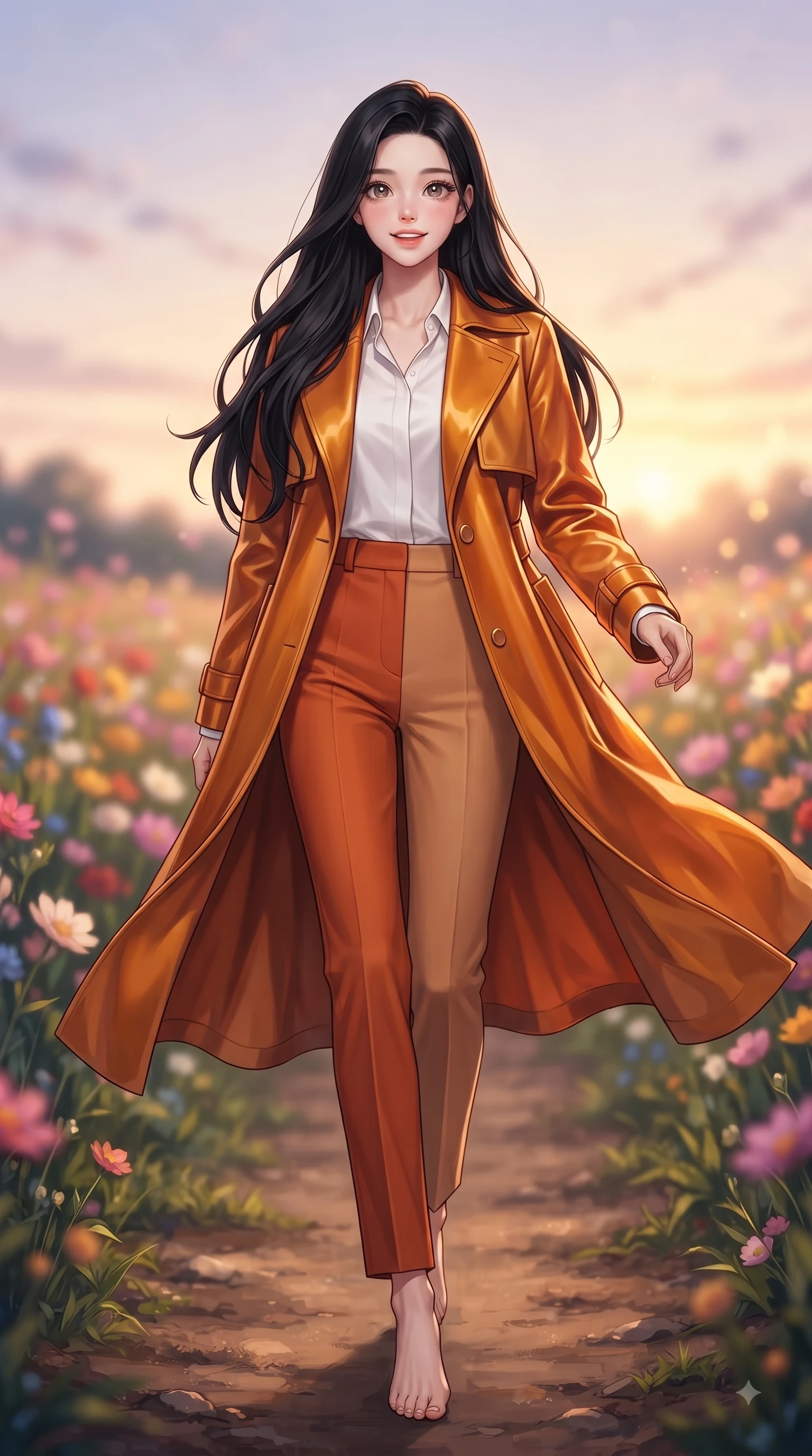 score_9, masterpiece, best quality, ultra-detailed, high-budget anime keyframe, editorial fashion photography, tasteful artistic composition, Korean woman. low angle full-body shot from head to toe showing her feet, filling the entire 9:16 vertical frame with her statuesque presence, stretching her vertical silhouette. Expectant hopeful expression with wide sparkling eyes and a soft eager smile as if waiting for a loved one while stepping along a dirt path flanked by vibrant blossoms with an ethereal editorial grace. The composition keeps background elements in soft focus with dreamy bokeh. vibrant floral fields blurring into a romantic, painting-like background backdrop. She has an absolutely perfect, statuesque 8.5-heads proportion, an exceptionally tall and slender model-like female figure with impossibly long slender legs and an ultra-slim waist. sharp v-shaped jawline, high-bridge nose, intricate jewel-like eyes with depth, thick eyelashes, glossy lips with a natural sheen, flawlessly proportioned anatomical accuracy, natural body alignment, perfectly sculpted elegant limbs, clean dynamic posture without body distortion. wearing a stylish sunset amber trench coat over a crisp white shirt and tailored trousers in burnt orange and warm camel beige, made of premium stretch velvet with a rich glossy sheen, complemented by clean architectural seams and subtle cutouts, the fluid drape swaying gracefully with her dynamic editorial movement. bathed in ethereal twilight glow and warm golden sunset horizon light. ultra-reflective glossy finish, specular highlights, metallic sheen, high-contrast stereoscopic depth, volumetric dynamic lighting, 2k, ultra detail, master piece, 9:16 ratio