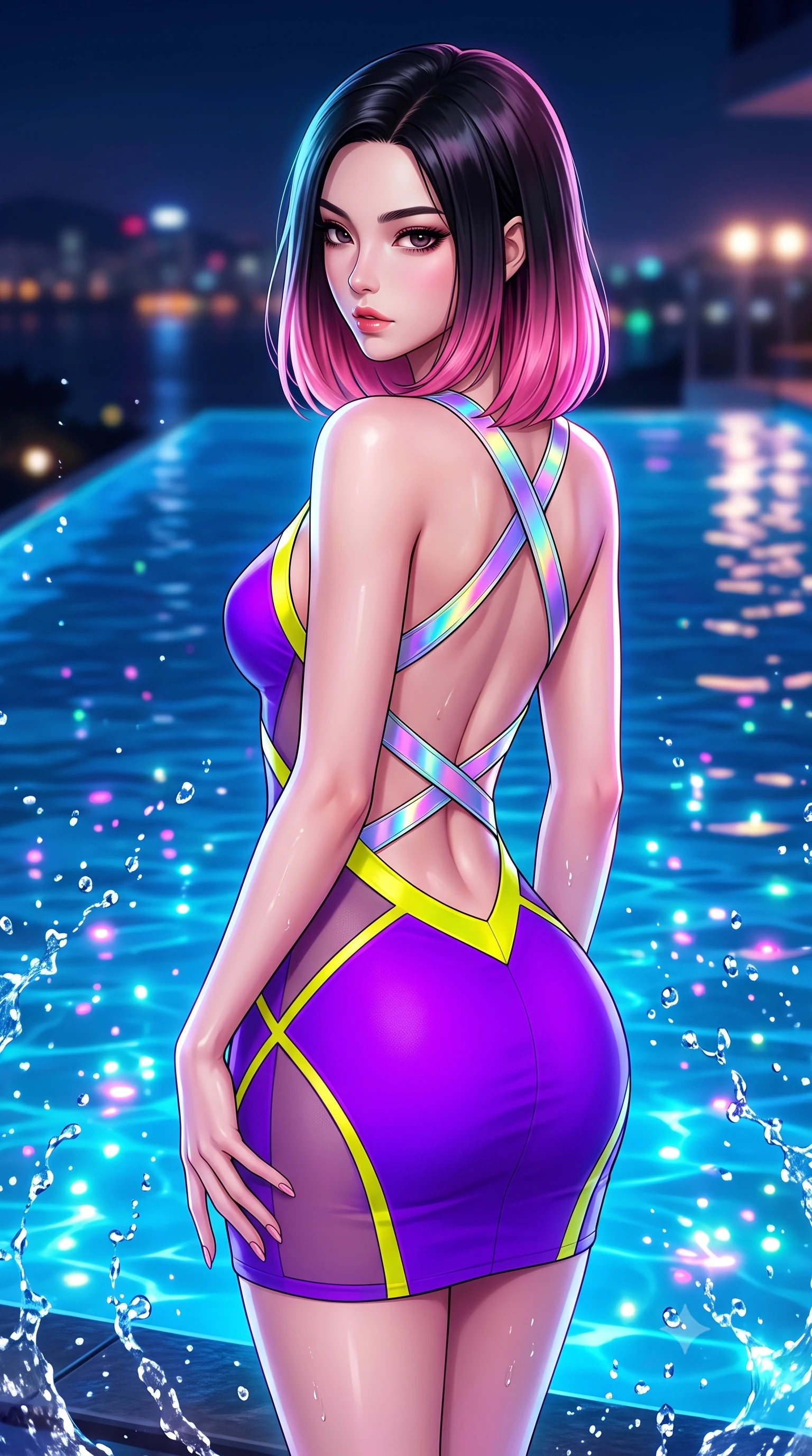 score_9, masterpiece, best quality, ultra-detailed, high-budget anime keyframe, semi-realistic 3D game render, editorial fashion photography, tasteful artistic composition, Korean woman. close-up cowboy shot from the waist and thighs up, the character dominates the composition, filling the frame with her large presence. resting one manicured hand delicately on her hip bone, her upper body turning in a fluid, seductive S-curve while parted lips glisten in the light while standing at the infinity pool edge with her back to the camera, twisting her torso to cast a smoldering, dangerous look over her shoulder. The composition keeps background elements in soft focus with creamy bokeh. splashing water droplets and underwater LED light rays scattering shimmering neon light motes. She has an exceptionally elegant, slender, and willowy female figure with an ultra-slim waist, a gracefully sculpted slender torso, toned flat midriff, and rounded feminine hips creating an alluring hourglass silhouette. sharp v-shaped jawline, high-bridge nose, intricate jewel-like eyes with depth, thick eyelashes, glossy parted lips with a natural sheen, intensely captivating and seductive bedroom-eyes expression, flawlessly proportioned anatomical accuracy, strict slender model proportions, natural body alignment, perfectly sculpted long slender limbs, ultra-slim waistline, clean dynamic posture without body distortion. wearing a daring open-back neon party dress with crossed holographic straps and bodycon fit in toxic ultraviolet purple and hazard yellow accents, made of stretchy athletic knit with sheer mesh cutout inserts, accented with criss-cross back harness straps framing her bare spine, the form-contouring material adhering flawlessly to her sculpted flat midriff and slender torso, emphasizing her long leg lines and perfectly proportioned willowy build. surrounded by an electrifying, hypnotic, and irresistibly provocative nightlife goddess aura. highly saturated vibrant anime colors, detailed shading with soft gradients, rich glossy textures, high-contrast stereoscopic depth, volumetric dynamic lighting, master piece, 9:16 ratio