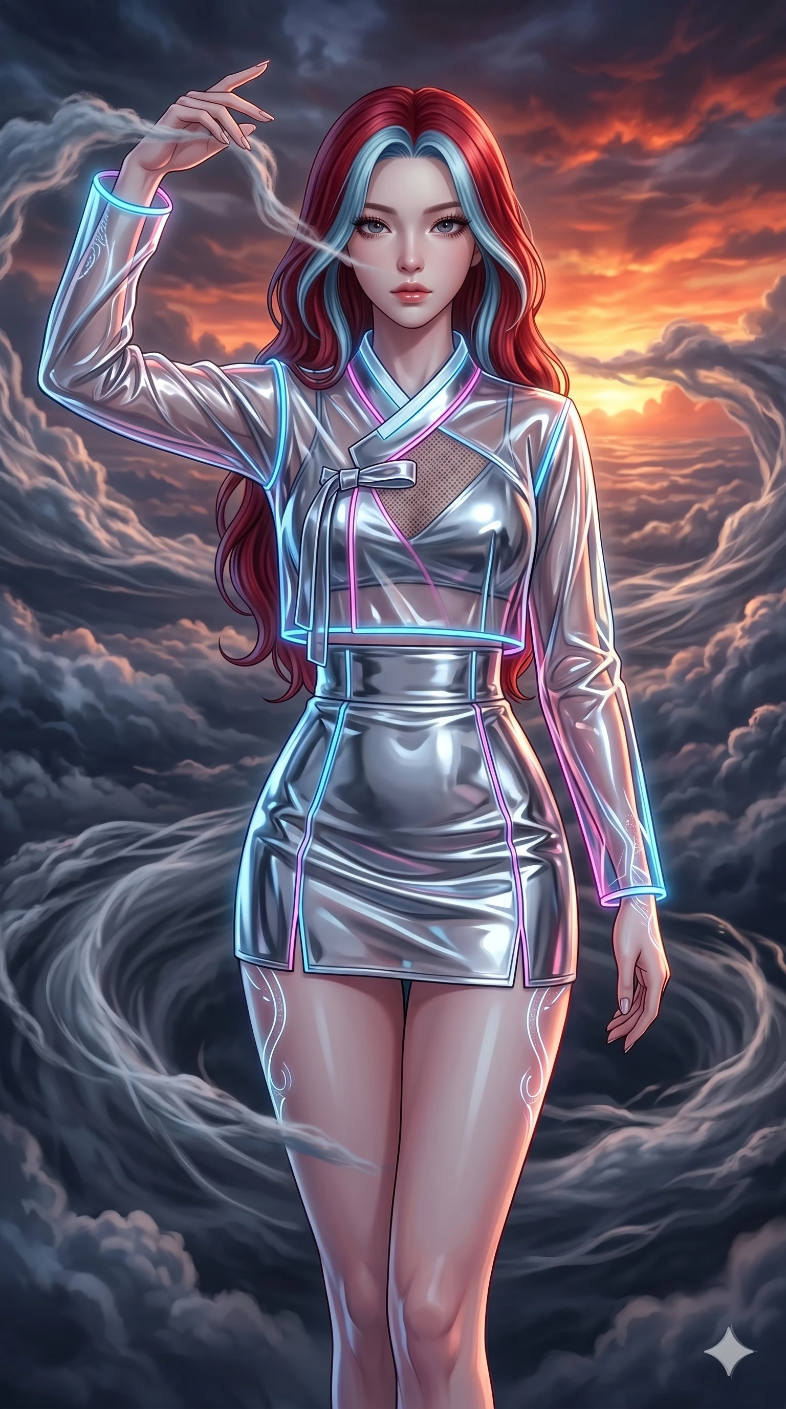 score_9, masterpiece, best quality, ultra-detailed, high-budget anime keyframe, Korean woman. upper body close-up from the thighs up, character filling the screen for maximum presence. threading through a volumetric cloud weave where storm clouds are spun like silk thread under a dramatic sunset glow. She has an absolutely perfect 8-heads proportion, an exceptionally tall and slender female figure with impossibly long slender legs and an ultra-slim waist. V-shaped jawline, high-bridge nose, intricate jewel-like eyes with depth, thick eyelashes, glossy lips with a natural sheen.. wearing a vinyl liquid mercury fusion hanbok, featuring a translucent chrome-silver vinyl jeogori and high-waist micro-shorts, detailed with glowing neon wire trims and a tasteful chest slit. lit by a soft glowing ambient light and a sharp side key light that traces the sleek contours of her athletic build. 2k, ultra detail, master piece, 9:16 ratio