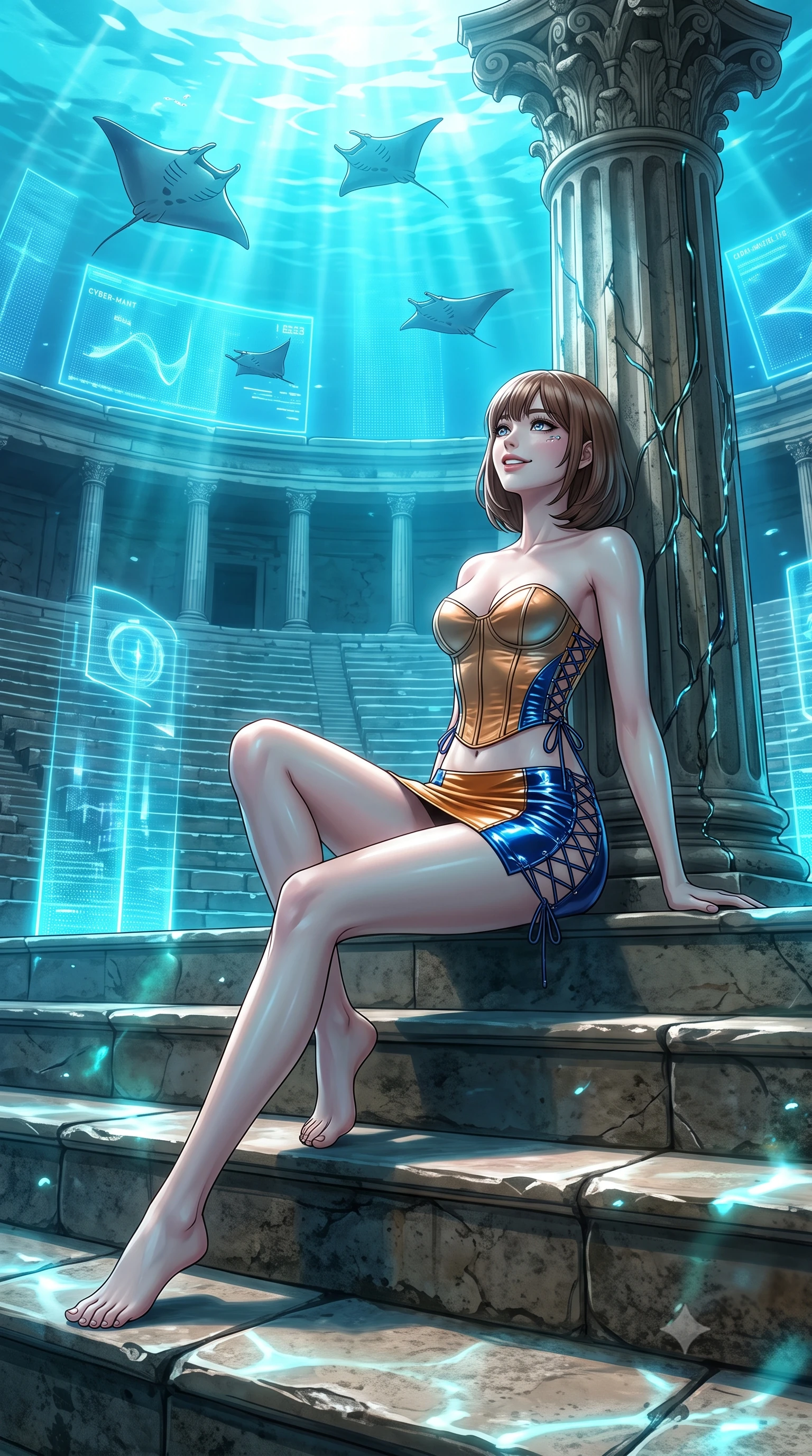 score_9, masterpiece, best quality, ultra-detailed, high-budget anime keyframe, editorial fashion photography, tasteful artistic composition, Caucasian woman. low angle full-body shot from head to toe showing her feet, filling the entire 9:16 vertical frame with her statuesque presence, stretching her vertical silhouette. sitting poised on the stone steps with one knee bent, arching her spine with supermodel elegance as she glances upward through thick eyelashes while leaning against the ancient fluted Corinthian column reinforced with glowing cyber-veins with hips cocked back, watching cyber-manta rays glide overhead with smoldering bedroom-eyes. The surrounding environment is rendered in vivid detail and crisp panoramic clarity: detailed garment drape, high-gloss wet-look sheen, and grand sunken amphitheater architecture in high resolution. She has an exceptionally tall and slender model-like 8.5-heads proportion, an ultra-slim waist, a flat toned midriff, narrow delicate ribcage, and beautifully sculpted feminine hips creating a graceful, slim hourglass silhouette without any bulky heaviness, with impossibly long slender legs. sharp v-shaped jawline, high-bridge nose, intricate jewel-like sparkling eyes with depth, thick eyelashes, glossy parted lips with a natural peach sheen, bright cheerful beaming smile with an enchanting and coquettish sensual glint, exuding both youthful cute charm and seductive allure, flawlessly proportioned anatomical accuracy, strict slender model proportions, natural body alignment, perfectly sculpted long slender limbs, ultra-slim waistline, clean dynamic posture without body distortion. wearing a sculpted satin cyber-corset with lace-up side ties paired with a low-rise micro skirt in Jovian amber and electric storm cobalt, tailored from high-gloss patent leather with mirror-like specular highlights, featuring fine criss-cross lace-up side ties revealing tantalizing glimpses of her hip curve, the bespoke structured tailoring following the natural line of her 8.5-heads silhouette with refined elegance. bathed in brilliant underwater cyan caustic ribbons and pulsing hard-light holographic projections. ultra-reflective glossy finish, specular highlights, rich textural contrasts, high-contrast stereoscopic depth, volumetric dynamic lighting, 2k, ultra detail, master piece, 9:16 ratio