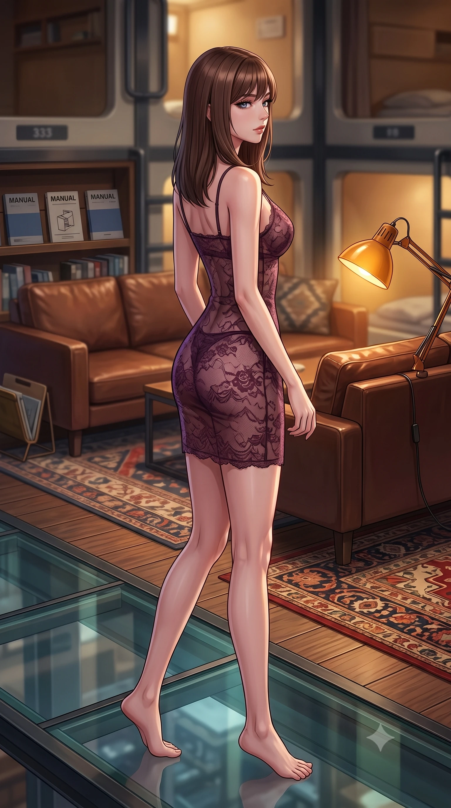 score_9, masterpiece, best quality, ultra-detailed, high-budget anime keyframe, editorial fashion photography, tasteful artistic composition, Korean woman. low angle full-body shot from head to toe showing her feet, filling the entire 9:16 vertical frame with her statuesque presence, stretching her vertical silhouette. walking slowly along a glass skybridge, looking back over her shoulder with an air of effortless grace, the background shows a soft-focus a capsule hotel lounge corner with leather sofas, manuals, and rugs. She has an absolutely perfect, statuesque 8.5-heads proportion, an exceptionally tall and slender model-like female figure with impossibly long slender legs and an ultra-slim waist. sharp v-shaped jawline, high-bridge nose, intricate jewel-like eyes with depth, thick eyelashes, glossy lips with a natural sheen. wearing a body-hugging sheer lace slip dress in deep plum, showing a glimpse of her delicately sculpted midriff. warm amber desk lamp casting cozy, tense shadows on her profile. highly saturated vibrant anime colors, detailed shading with soft gradients, rich glossy textures, high-contrast stereoscopic depth, volumetric dynamic lighting, master piece, 9:16 ratio