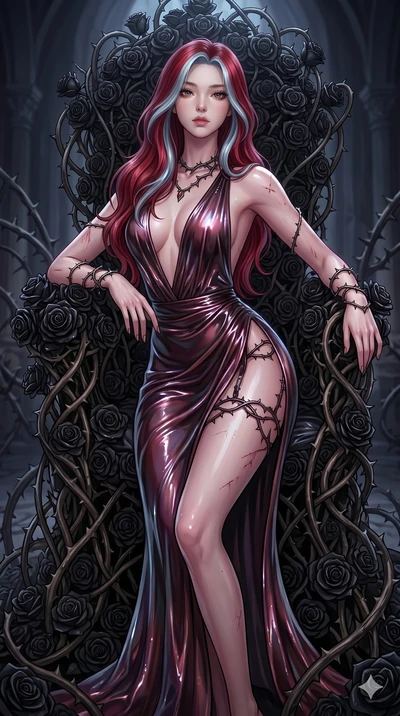 score_9, masterpiece, best quality, ultra-detailed, High-budget Anime Keyframe, East Asian woman. Dynamic full-body shot stretching the vertical silhouette to the limit. Scenario 200: Resting on a throne of black roses, thorns grazing her skin. Her p