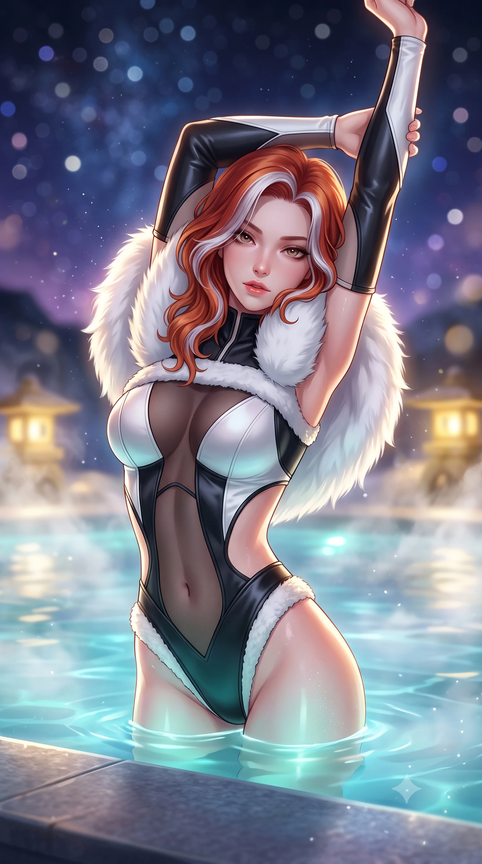 score_9, masterpiece, best quality, ultra-detailed, high-budget anime keyframe, semi-realistic 3D game render, editorial fashion photography, tasteful artistic composition, Caucasian woman. close-up cowboy shot from the waist and thighs up, the character dominates the composition, filling the frame with her large presence. arching her back languidly with arms stretching overhead, highlighting her narrow waist and feminine silhouette in pure supermodel elegance while resting her chin on her crossed arms at the infinity pool's edge, gazing into the camera with bedroom-eyes. The composition keeps background elements in soft focus with creamy bokeh. rising thermal steam swirls and starry alpine night skies blurred into deep sapphire, amethyst, and pearl-white bokeh. She has an exceptionally elegant, slender, and willowy female figure with an ultra-slim waist, a gracefully sculpted slender torso, toned flat midriff, and a refined slim silhouette. sharp v-shaped jawline, high-bridge nose, intricate jewel-like eyes with depth, thick eyelashes, glossy parted lips with a natural sheen, intensely captivating and seductive expression, flawlessly proportioned anatomical accuracy, strict slender model proportions, natural body alignment, perfectly sculpted long slender limbs, ultra-slim waistline, clean dynamic posture without body distortion. wearing a cutout polar techwear bodysuit with sheer thermal mesh panels and snow gaiter boots in high-contrast black ski leather and arctic white, made of liquid-smooth silk satin layered under plush faux-shearling fur, complemented by an opulent white fox-fur stole draped loosely over her shoulders, the precision-cut daring openings accentuating her delicate midriff, graceful bare collarbones, and ultra-slim feminine waistline. bathed in soft underwater pool illumination and warm golden stone lantern downlights. highly saturated vibrant anime colors, detailed shading with soft gradients, rich glossy textures, high-contrast stereoscopic depth, volumetric dynamic lighting, master piece, 9:16 ratio