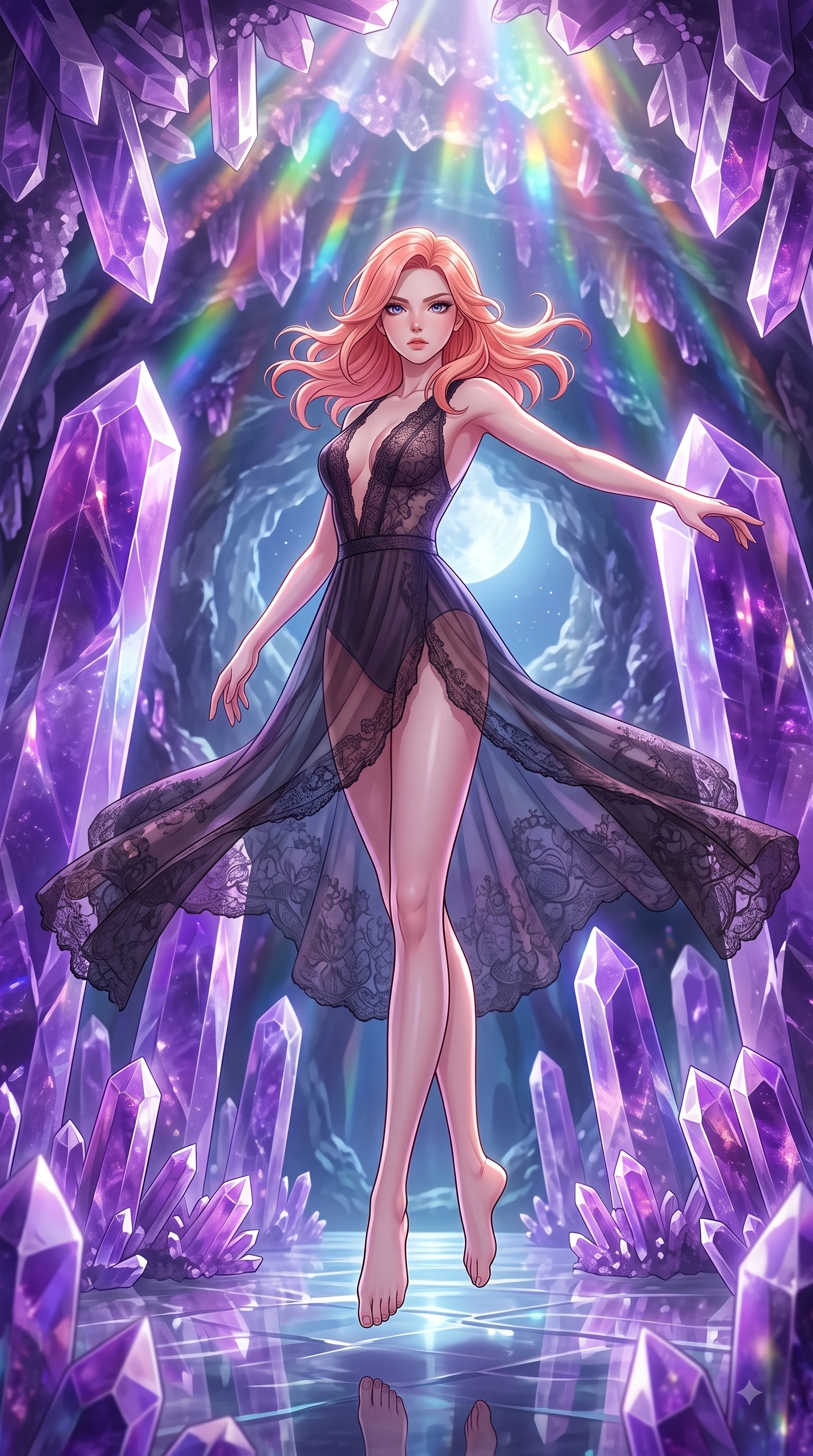 score_9, masterpiece, best quality, ultra-detailed, high-budget anime keyframe, editorial fashion photography, tasteful artistic composition, Japanese woman woman. low angle full-body shot from head to toe showing her feet, filling the entire 9:16 vertical frame with her statuesque presence, stretching her vertical silhouette. She has an absolutely perfect, statuesque 8.5-heads proportion, an exceptionally tall and slender model-like female figure with impossibly long slender legs and an ultra-slim waist. mid-air spin above the reflective floor, maintaining an athletic and perfectly balanced poise, flawlessly proportioned anatomical accuracy, natural body alignment, perfectly sculpted elegant limbs, clean dynamic posture without body distortion. set against a soft-focus background of a deep geode cavern filled with giant purple amethyst crystal pillars. wearing a see-through dark lace panel gown over a fitted micro-leotard with a plunging V-neckline. bathed in cold silver moonlight and refracting rainbow prismatic light from overhead crystals. highly saturated vibrant anime colors, detailed shading with soft gradients, rich glossy textures, high-contrast stereoscopic depth, volumetric dynamic lighting, master piece, 9:16 ratio