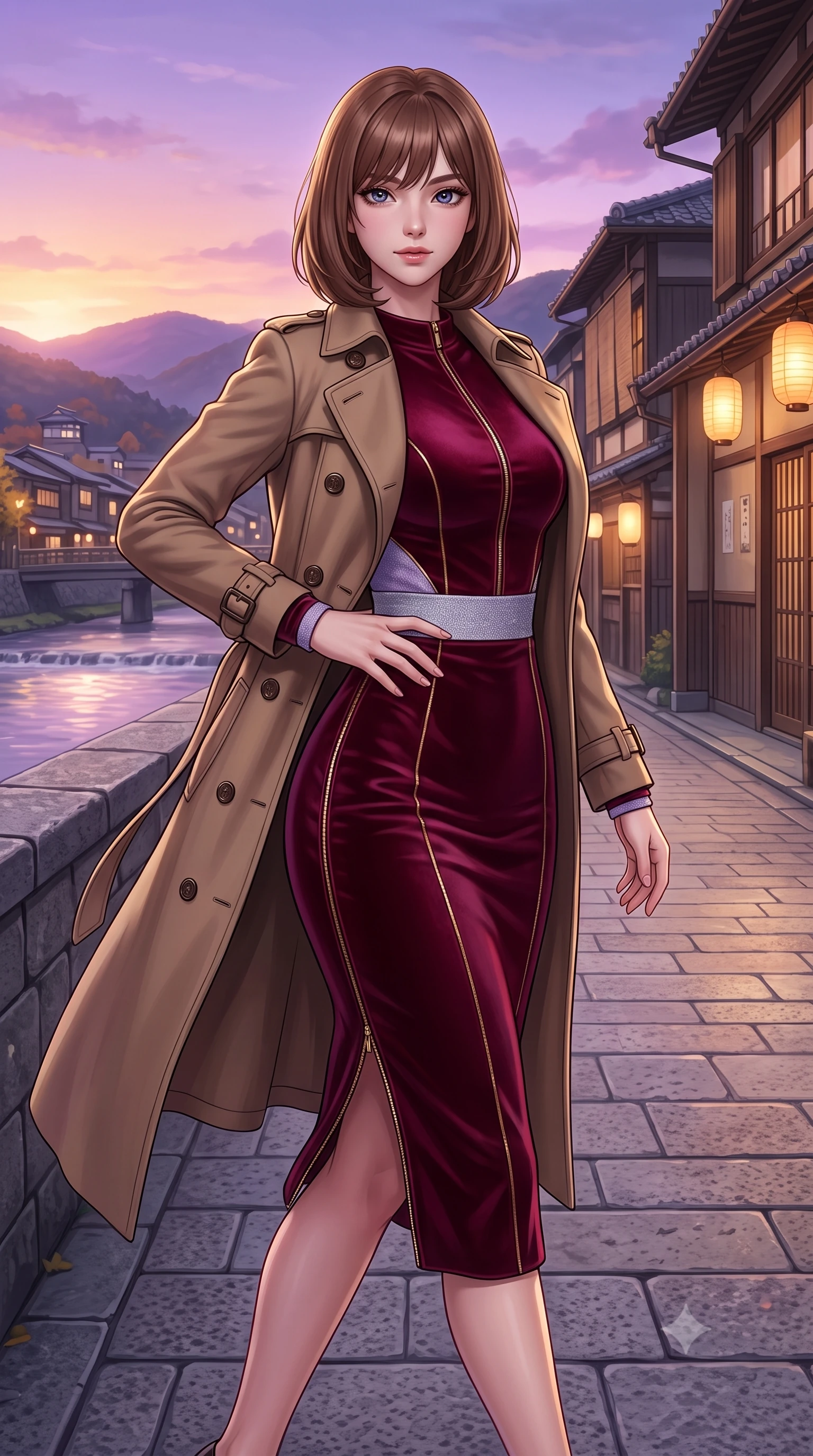 score_9, masterpiece, best quality, ultra-detailed, high-budget anime keyframe, semi-realistic 3D game render, editorial fashion photography, tasteful artistic composition, Caucasian woman. close-up cowboy shot from the waist and thighs up, the character dominates the composition, filling the frame with her large presence. standing poised with hips cocked slightly to the side, one hand tracing her cinched waistline while casting an affectionate warm glance while walking along the riverside stone promenade with poised strides, her wool coat billowing softly in the river current breeze. The surrounding environment is rendered in vivid detail and crisp panoramic clarity: detailed double-breasted wool gabardine trench coat drape, horn buttons, and historic Japanese urban architecture in high resolution. She has an exceptionally elegant, slender, and willowy female figure with an ultra-slim waist, flat toned midriff, narrow ribcage, and sculpted feminine hips creating an alluring, slim hourglass silhouette without bulk. sharp v-shaped jawline, high-bridge nose, intricate jewel-like sparkling eyes with depth, thick eyelashes, glossy parted lips with a natural peach sheen, bright cheerful beaming smile with an enchanting and coquettish sensual glint, exuding both youthful cute charm and seductive allure, flawlessly proportioned anatomical accuracy, strict slender model proportions, natural body alignment, perfectly sculpted long slender limbs, ultra-slim waistline, clean dynamic posture without body distortion. wearing a form-fitting liquid velvet cocktail midi dress in rich burgundy with long sleeves and a snug waist contour in frosted mountain lavender and shimmering ice silver, made of high-gauge compact silk knit that hugs her curves with seamless sculpted precision, featuring fine gold zipper details tracing the vertical spine and contour seams, the second-skin tailored fabric adhering flawlessly to her sculpted flat midriff and slender torso, emphasizing her long leg lines and perfectly proportioned willowy build. bathed in the soft purple-gold twilight glow of autumn sunset over the Higashiyama mountains mixed with warm paper lantern lights. highly saturated vibrant anime colors, detailed shading with soft gradients, rich glossy textures, high-contrast stereoscopic depth, volumetric dynamic lighting, master piece, 9:16 ratio