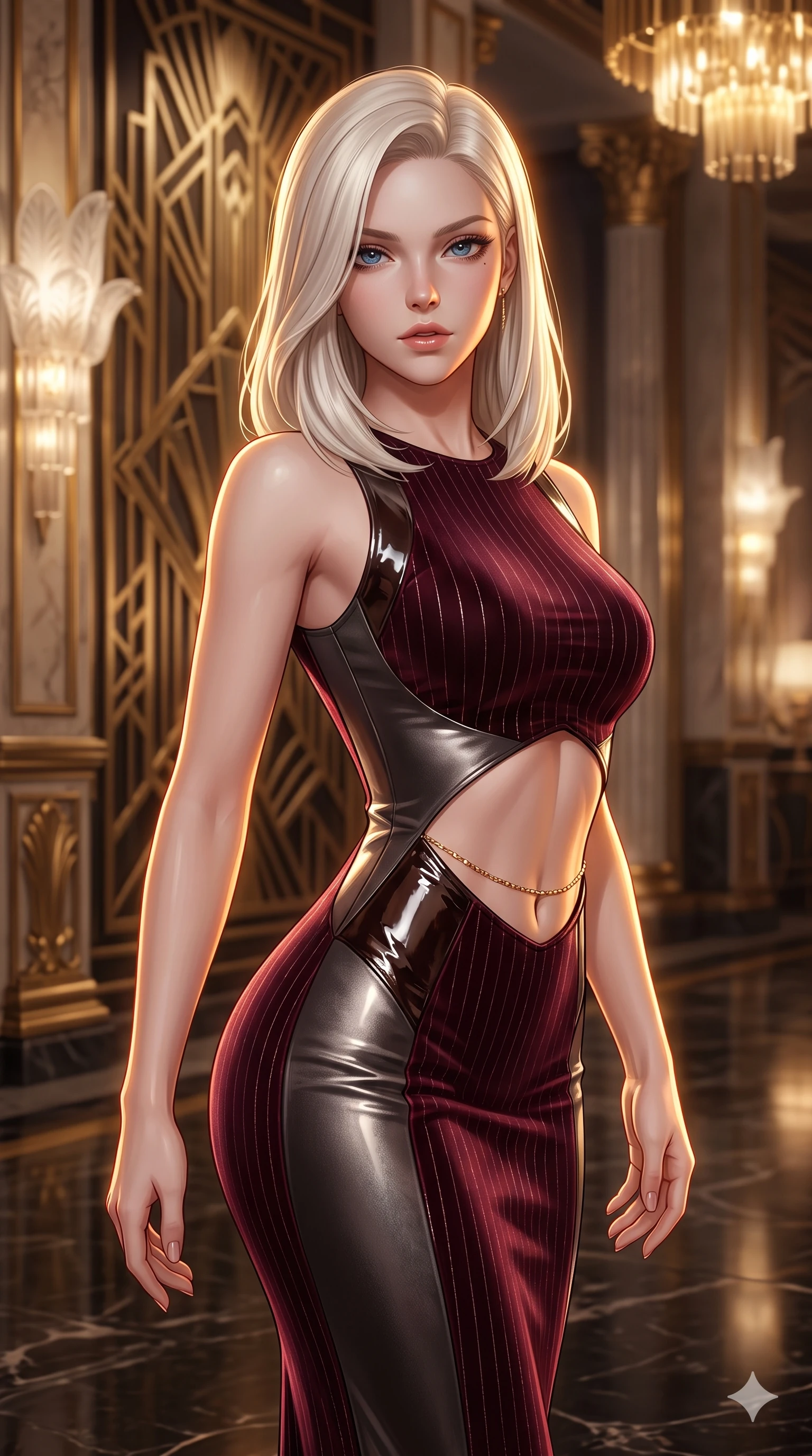 score_9, masterpiece, best quality, ultra-detailed, high-budget anime keyframe, semi-realistic 3D game render, editorial fashion photography, tasteful artistic composition, Caucasian woman. close-up cowboy shot from the waist and thighs up, the character dominates the composition, filling the frame with her large presence. leaning forward while arching her lower back to accentuate her curvy hips, looking into the camera with an intoxicating smoldering gaze and bedroom-eyes while twisting her slender torso in an alluring contrapposto stance, intricate brass shadow patterns and golden chandeliers tracing her narrow waist and curvy hips. The background shows a soft-focus towering geometric brass art deco murals, sculpted frosted Lalique glass fixtures, and antique gilded pilasters blurred into champagne, bronze, and cream bokeh. She has an exceptionally elegant, slender, and willowy female figure with an ultra-slim waist, flat toned midriff, narrow ribcage, and sculpted feminine hips creating an alluring, slim hourglass silhouette without bulk. sharp v-shaped jawline, high-bridge nose, intricate jewel-like sparkling eyes with depth, thick eyelashes, glossy parted lips with a natural sheen, intensely captivating and seductive bedroom-eyes expression, exuding both youthful cute charm and sovereign luxury allure, flawlessly proportioned anatomical accuracy, strict slender model proportions, natural body alignment, perfectly sculpted long slender limbs, ultra-slim waistline, clean dynamic posture without body distortion. wearing a tailored liquid velvet bodycon dress with metallic fiber pinstripes following her statuesque 8.5-heads silhouette in deep wine burgundy and brushed dark platinum, tailored from high-gloss patent leather with mirror-like specular highlights, accented with a dainty gold belly chain resting across her flat midriff and curving hips, the form-contouring cut accentuating her sculpted flat midriff, narrow delicate ribcage, and gracefully curvy hips with intoxicating allure. illuminated by black marble floor reflections and sharp gold-amber rim lights sculpting her razor-sharp jawline, narrow waist, and curvy hips. highly saturated vibrant anime colors, detailed shading with soft gradients, rich glossy textures, high-contrast stereoscopic depth, volumetric dynamic lighting, master piece, 9:16 ratio