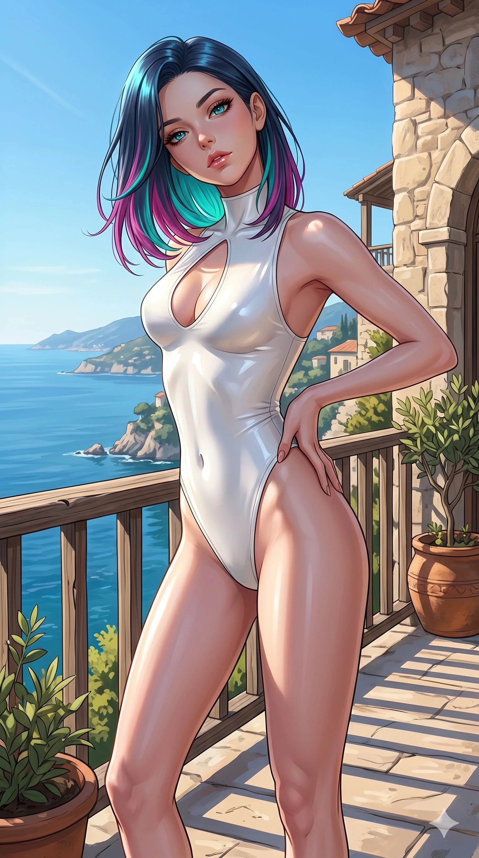 score_9, masterpiece, best quality, ultra-detailed, high-budget anime keyframe, editorial fashion photography, tasteful artistic composition, Caucasian woman, strictly human ears. cowboy shot from the thighs up, character and outfit filling the frame for maximum editorial presence. resting her hand on her hip, arching her back slightly to capture the sun, with bedroom eyes on a private sun-deck of a cliffside villa overlooking the sea (Code-P16-084). She has an absolutely perfect 8-heads proportion, an exceptionally tall and slender female figure with impossibly long slender legs and an ultra-slim waist. V-shaped jawline, high-bridge nose, intricate jewel-like eyes with depth, thick eyelashes, glossy lips with a natural sheen. wearing a skin-tight white latex bodysuit with high-cut lines and an elegant keyhole cutout. drenched in brilliant afternoon sunshine, highlighting her sleek silhouette and smooth skin. 2k, ultra detail, master piece, 9:16 ratio