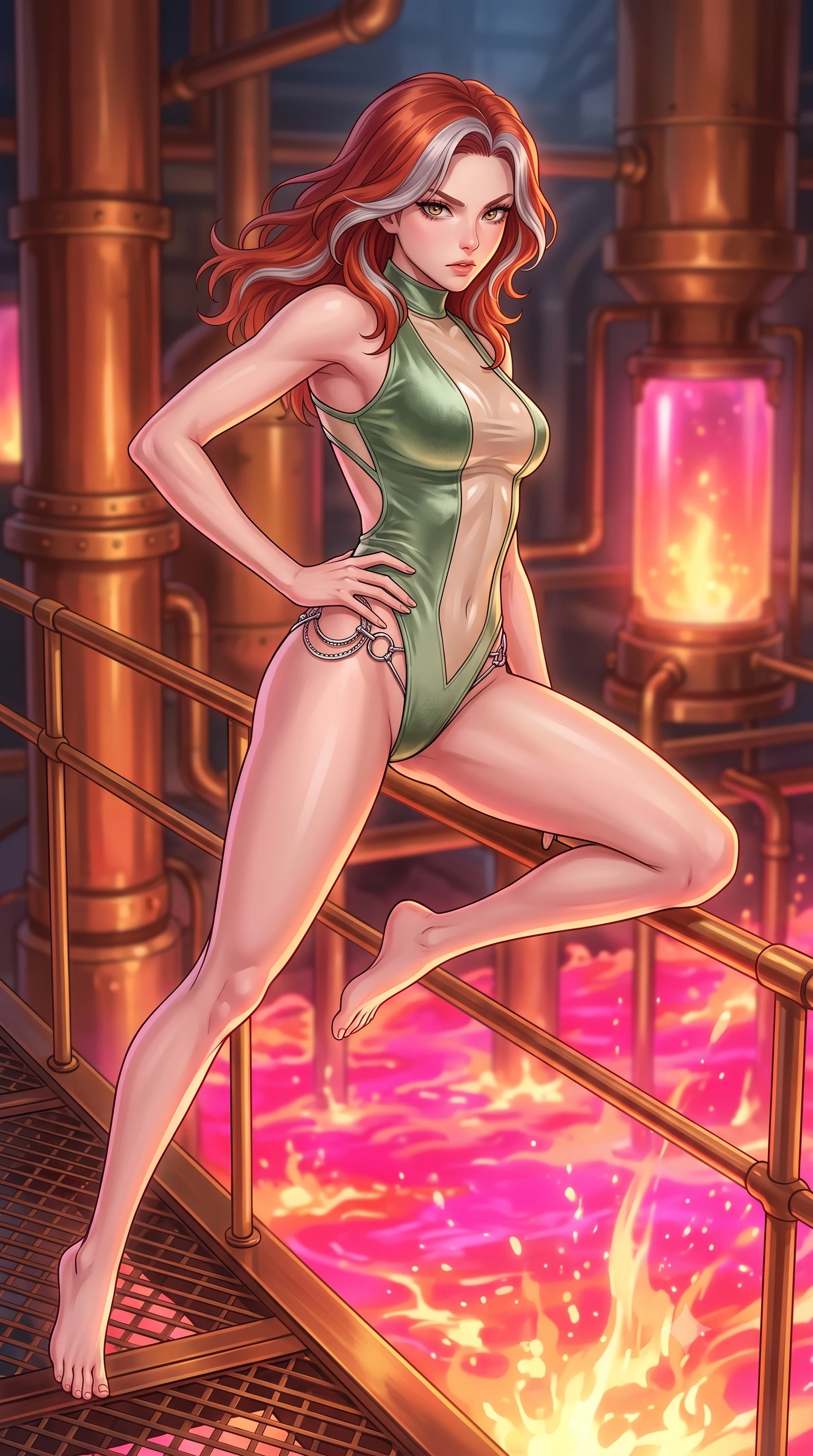 score_9, masterpiece, best quality, ultra-detailed, high-budget anime keyframe, editorial fashion photography, tasteful artistic composition, Caucasian woman. close-up cowboy shot from the waist and thighs up, the character dominates the composition, filling the frame with her large presence, background elements kept in soft focus. Holding a powerful dynamic pose with one hand on her hip and body angled dramatically toward the key light while leaping across a copper catwalk as boiling liquid aurora energy erupts below, boiling liquid aurora energy radiating intense hot pink and orange light from below. She has an exceptionally elegant, slender, and willowy female figure with an ultra-slim waist, a gracefully sculpted slender torso, and a refined silhouette. sharp v-shaped jawline, high-bridge nose, intricate jewel-like eyes with depth, thick eyelashes, glossy lips with a natural sheen, flawlessly proportioned anatomical accuracy, natural body alignment, perfectly sculpted elegant limbs, clean dynamic posture without body distortion. wearing a high-cut translucent vinyl leotard with front paneling and open back in sage green and oatmeal, made of premium stretch velvet with a rich sheen, accented with delicate chrome ring hardware framing her waist, the form-contouring material highlighting her ultra-slim waist and long lines. surrounded by a warm, powerful industrial alchemy atmosphere. highly saturated vibrant anime colors, detailed shading with soft gradients, rich glossy textures, high-contrast stereoscopic depth, volumetric dynamic lighting, master piece, 9:16 ratio