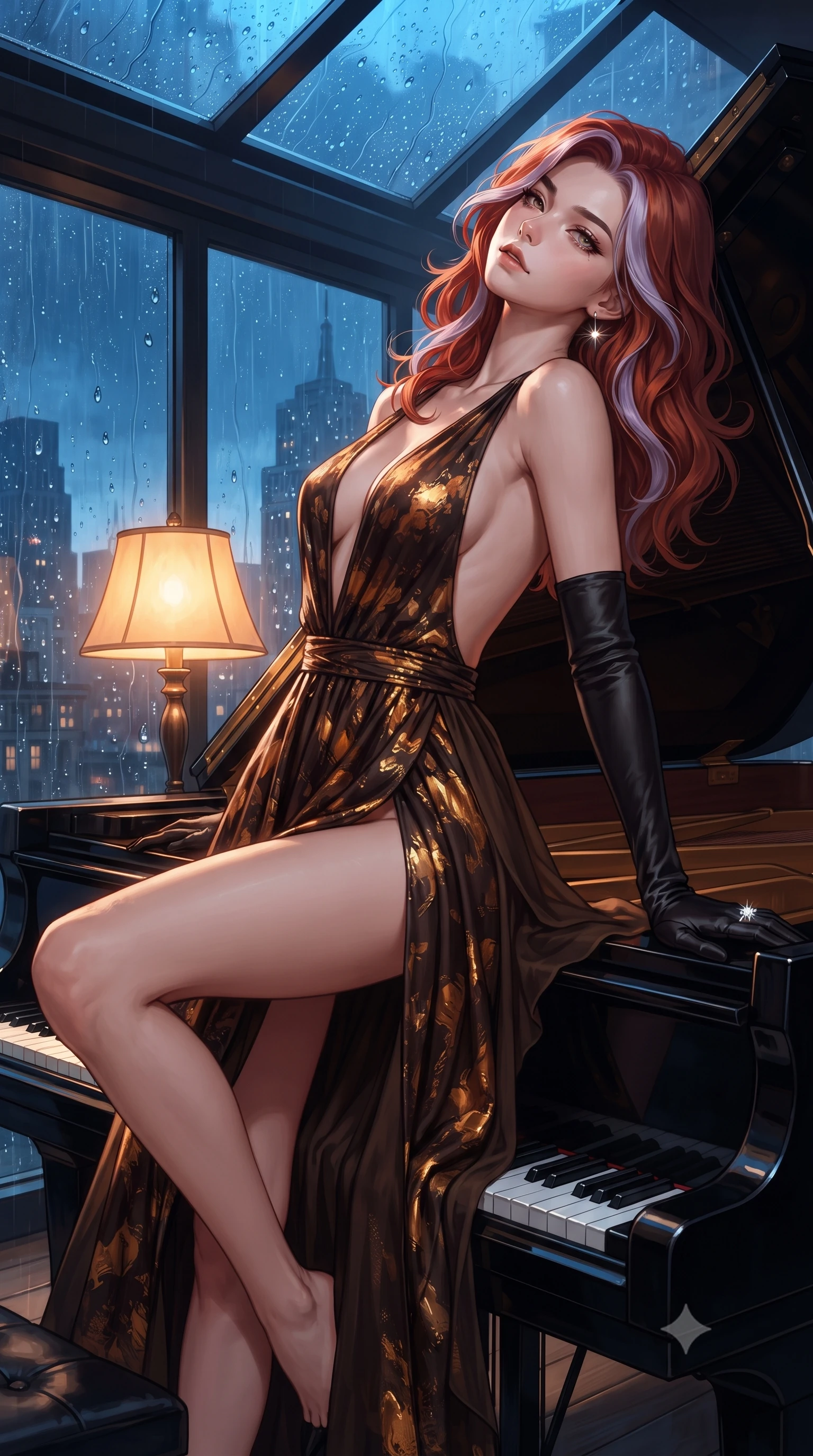 score_9, masterpiece, best quality, ultra-detailed, high-budget anime keyframe, editorial fashion photography, tasteful artistic composition, Caucasian woman. close-up cowboy shot from the waist and thighs up, the character dominates the composition, filling the frame with her large presence. leaning back with relaxed seductive grace, her sculpted collarbones and narrow waist highlighted as she casts smoldering bedroom-eyes directly into the camera while stretching languidly on the piano lid with one knee raised and head tilted back in musical ecstasy, moonlight tracing her throat and hips. The surrounding environment is rendered in vivid detail and crisp panoramic clarity. detailed wet glass raindrop beads, silk dress drape folds, and city skyline architecture in high clarity. She has an exceptionally elegant, slender, and willowy female figure with an ultra-slim waist, a gracefully sculpted slender torso, toned flat midriff, and rounded feminine hips creating an alluring hourglass silhouette. sharp v-shaped jawline, high-bridge nose, intricate jewel-like eyes with depth, thick eyelashes, glossy parted lips with a natural sheen, intensely captivating and seductive bedroom-eyes expression, flawlessly proportioned anatomical accuracy, strict slender model proportions, natural body alignment, perfectly sculpted long slender limbs, ultra-slim waistline, clean dynamic posture without body distortion. wearing a deep-V neckline silk crepe cocktail gown with open side slits ascending to the high hip in dark espresso brown and molten gold foil, woven from layered gossamer chiffon with a weightless sweeping drape, accessorized with opera-length black satin gloves and a sparkling cocktail ring, the dramatically scooped open back descending to the base of her spine, accentuating her razor-sharp statuesque lines and curvy hourglass silhouette. bathed in warm amber incandescent piano lamp glow contrasting with cool blue rain-slicked skylight. ultra-reflective glossy finish, specular highlights, rich textural contrasts, high-contrast stereoscopic depth, volumetric dynamic lighting, 2k, ultra detail, master piece, 9:16 ratio